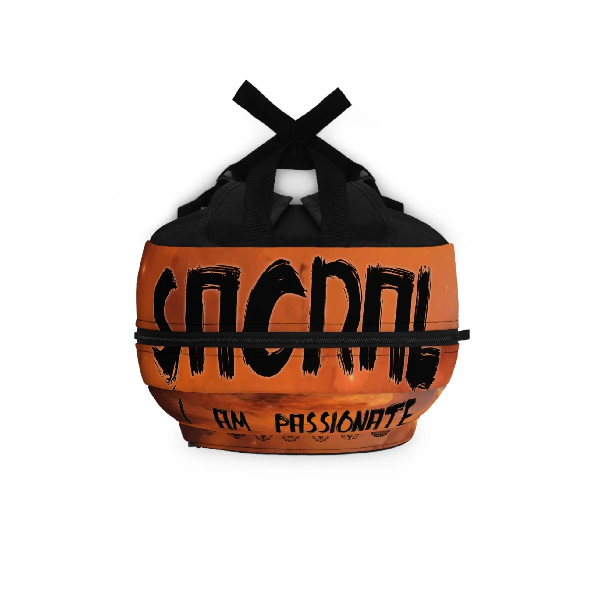 Angled view of the orange Sacral Chakra Cosmic Backpack, displaying the full design and straps.