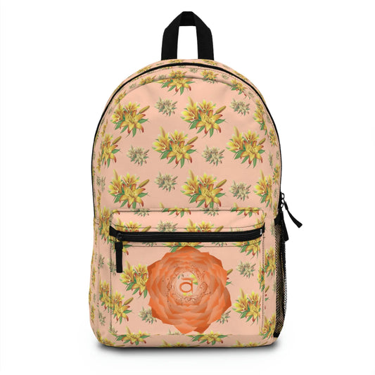 Peach Sacral Chakra Backpack - Front view with an all-over lily print and floral chakra emblem on the pocket.