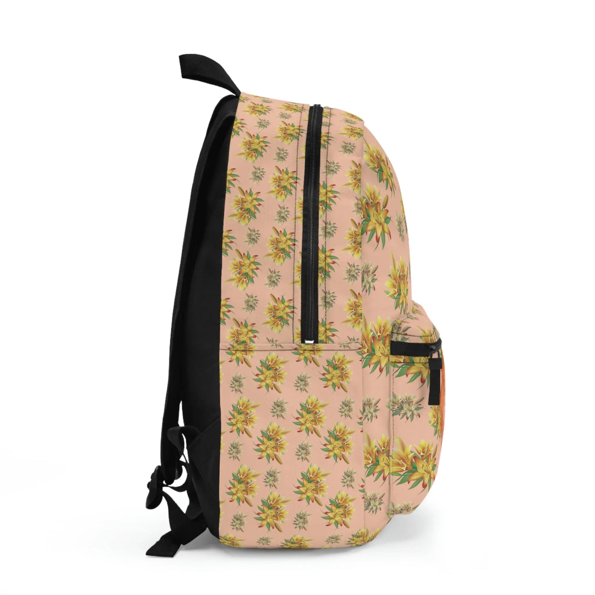 Peach Sacral Chakra Backpack - Right side profile showing the lily print pattern and strap details.