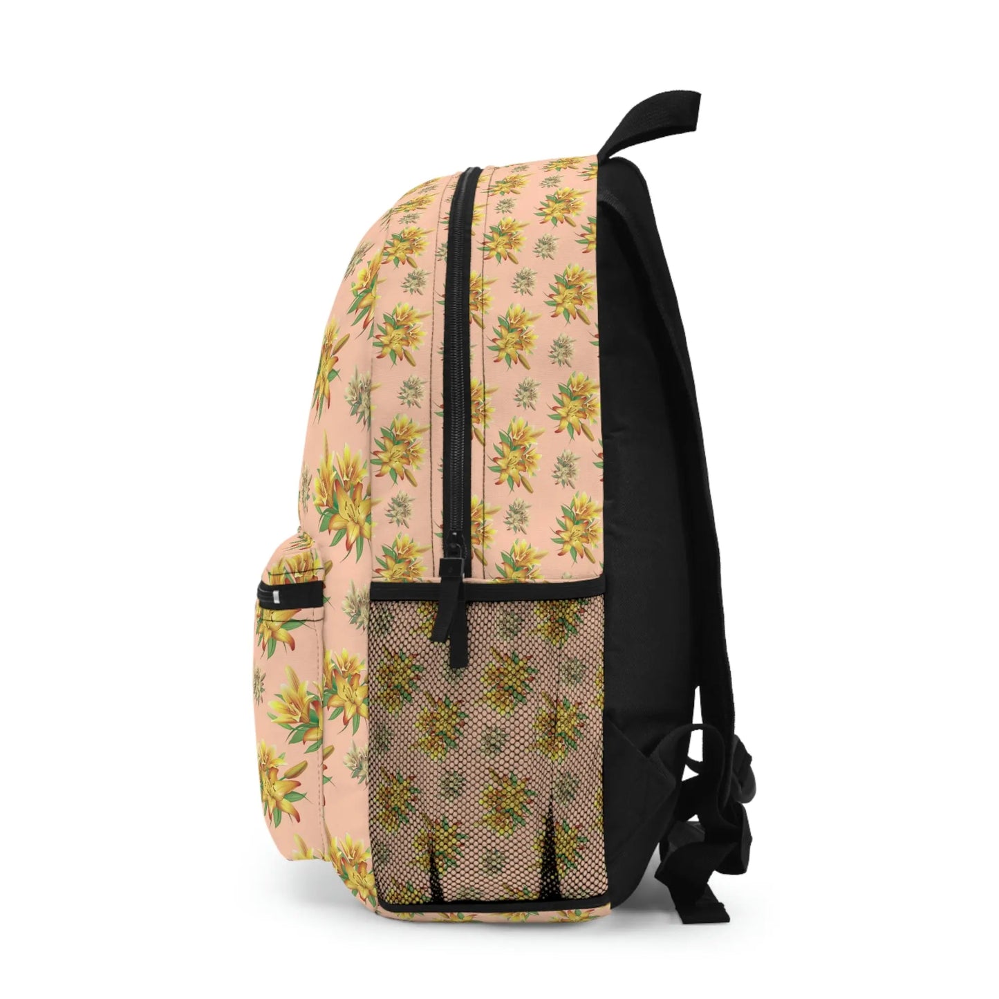Peach Sacral Chakra Backpack - Left side profile showing the full lily print pattern.