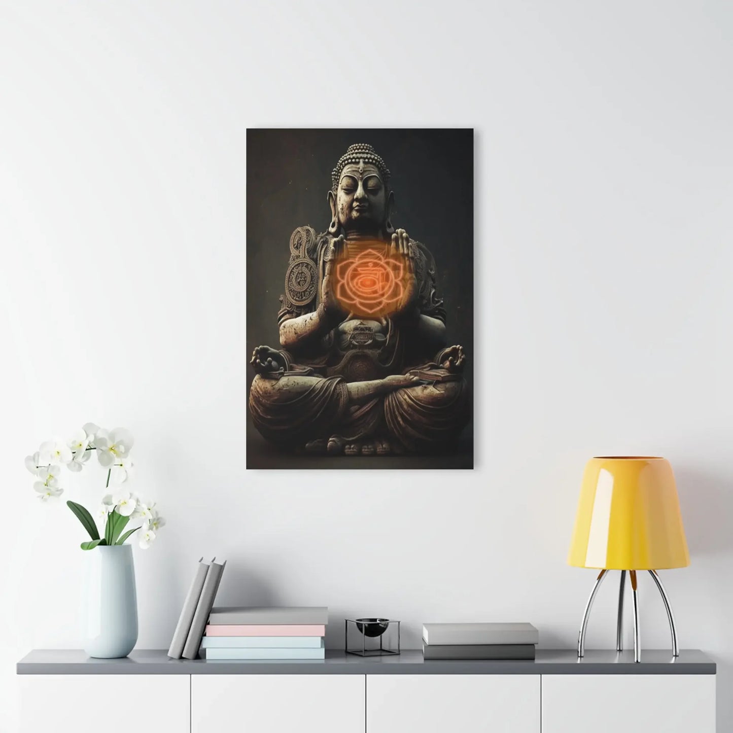 Buddha statue wall art with glowing heart chakra, spiritual home decor for meditation and energy healing