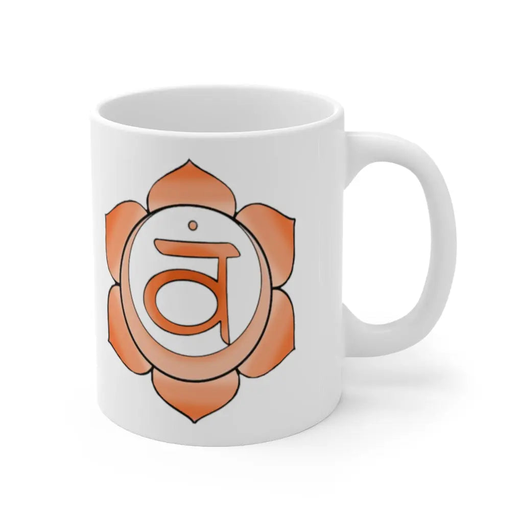 Sacral Chakra Mug - Left side with the orange Sacral Chakra symbol, clean white background.