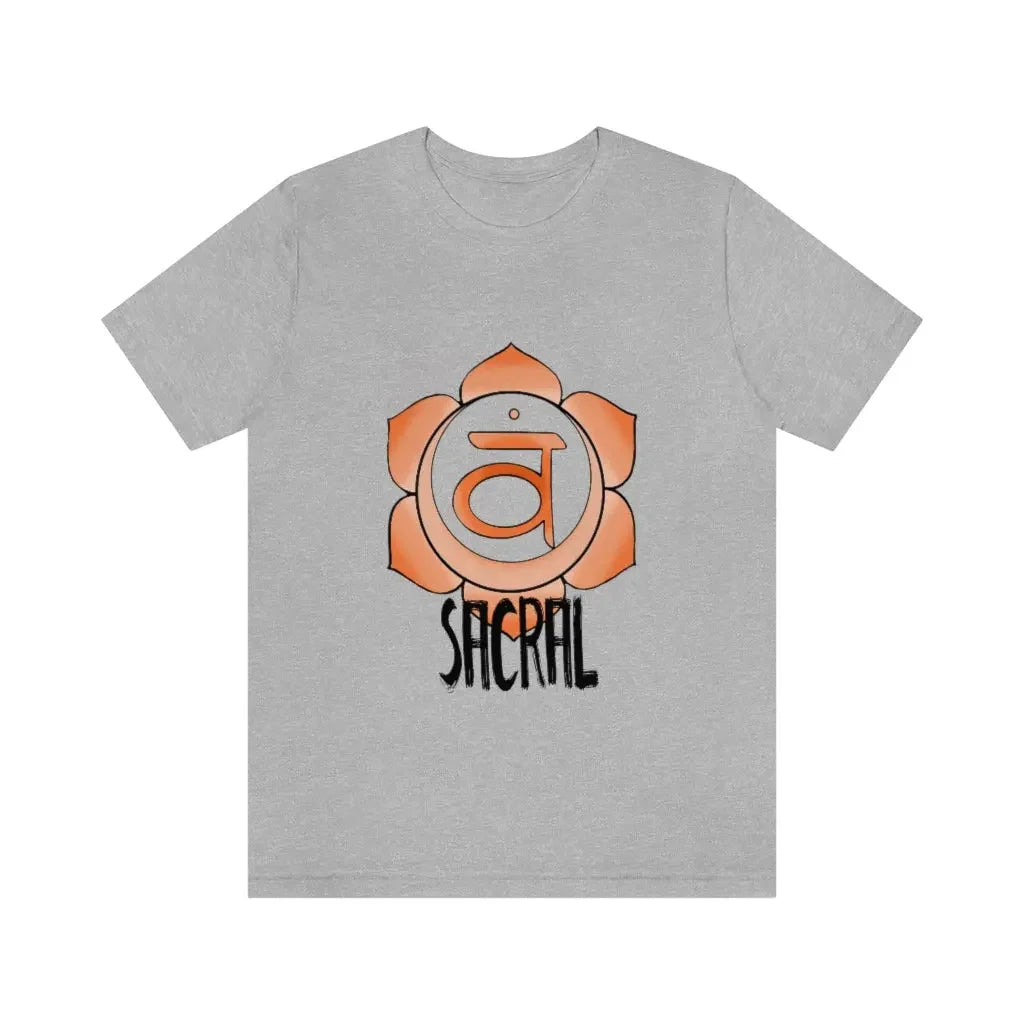 Gray t-shirt with orange sacral chakra symbol and 'SACRAL' text, spiritual energy apparel