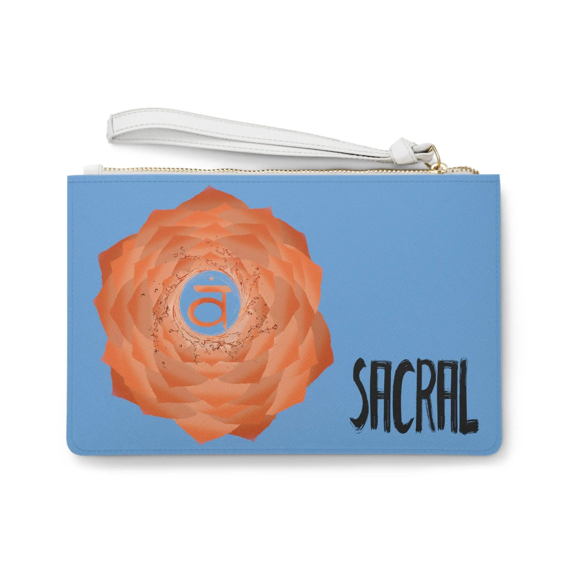 Sacral Chakra Clutch - Back view of light blue vegan leather purse with orange Sacral Chakra symbol print.