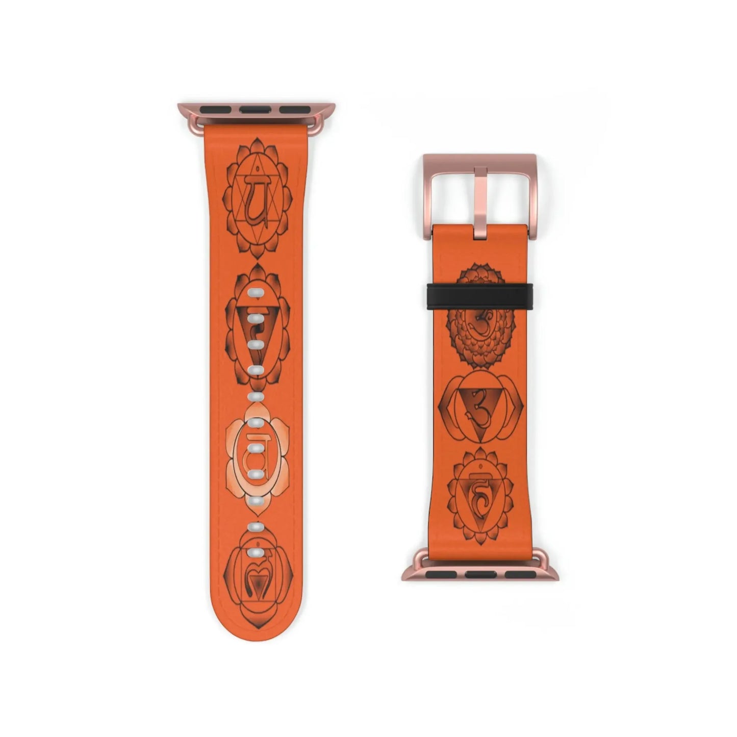 Orange chakra symbol watch band with rose gold hardware, featuring spiritual energy designs for holistic wellness.