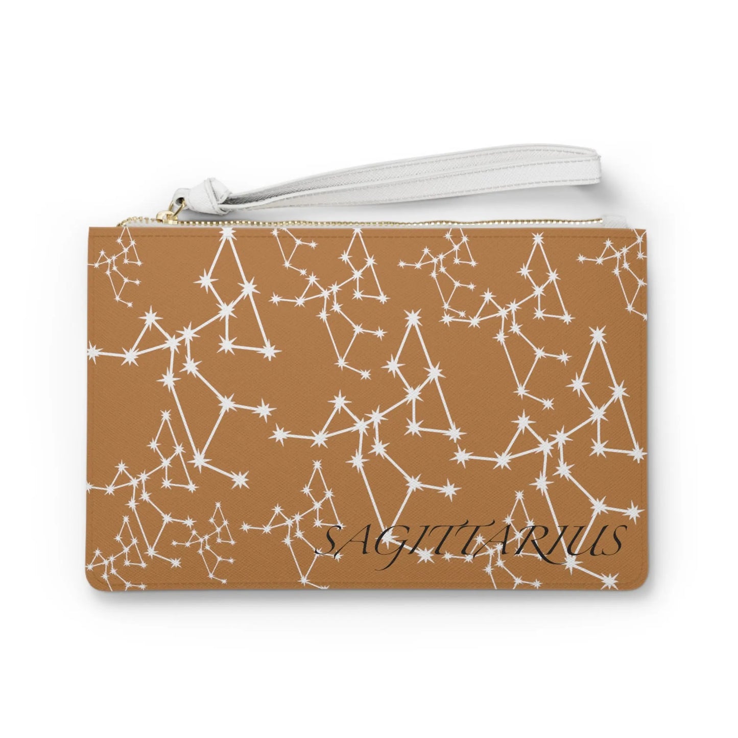 Sagittarius Zodiac Clutch - Front view of brown vegan leather purse with white constellation print.