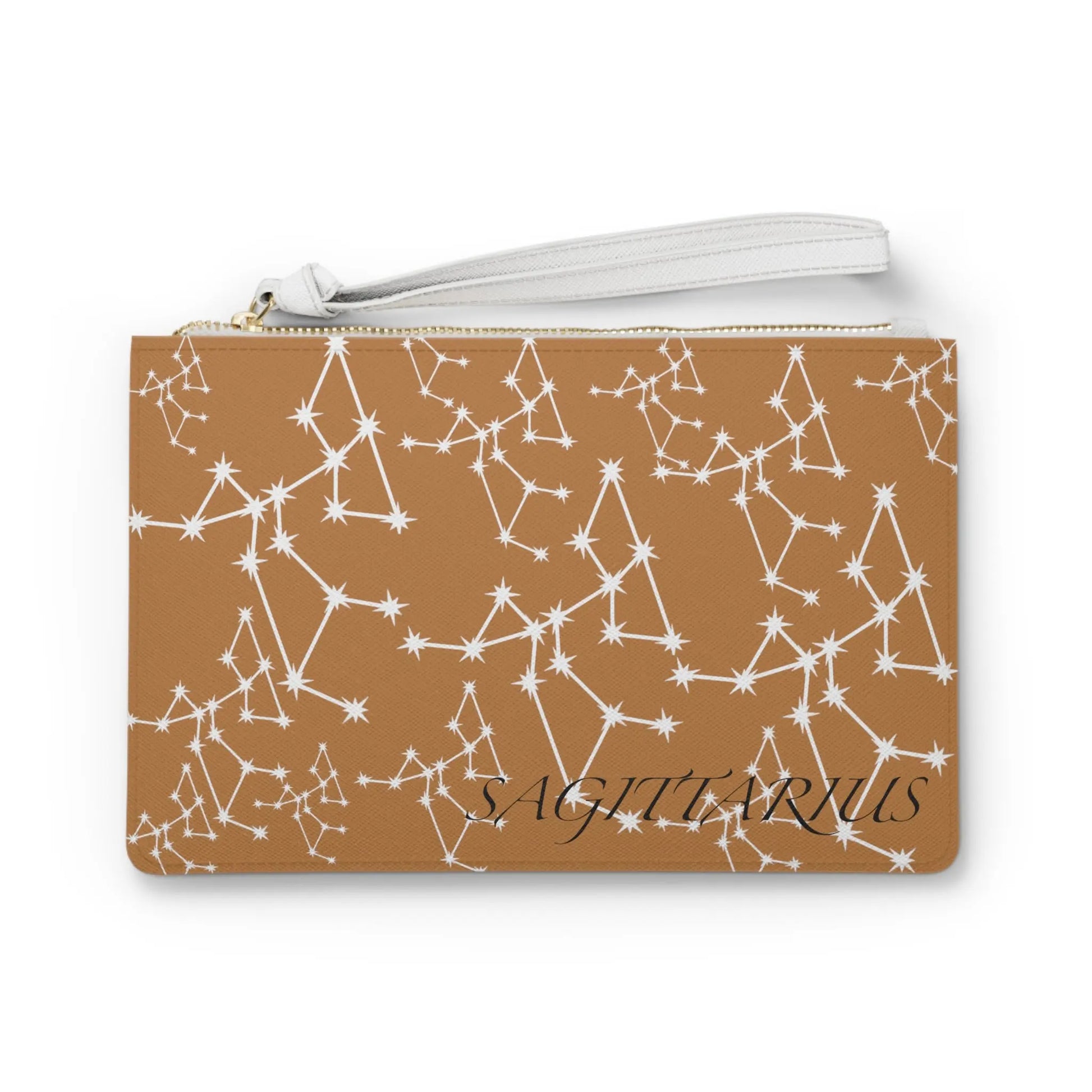 Sagittarius Zodiac Clutch - Front view of brown vegan leather purse with white constellation print.