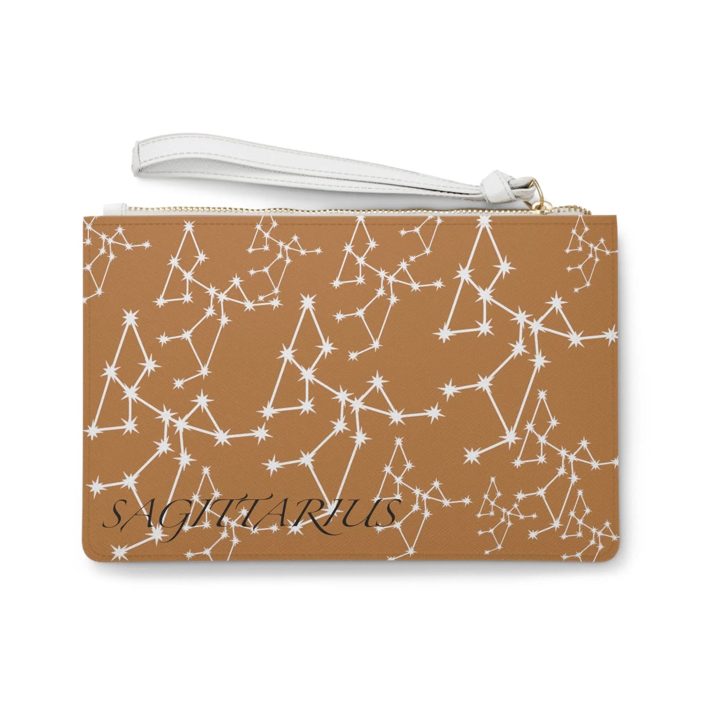 Sagittarius Zodiac Clutch - Back view of brown vegan leather purse with white constellation print.