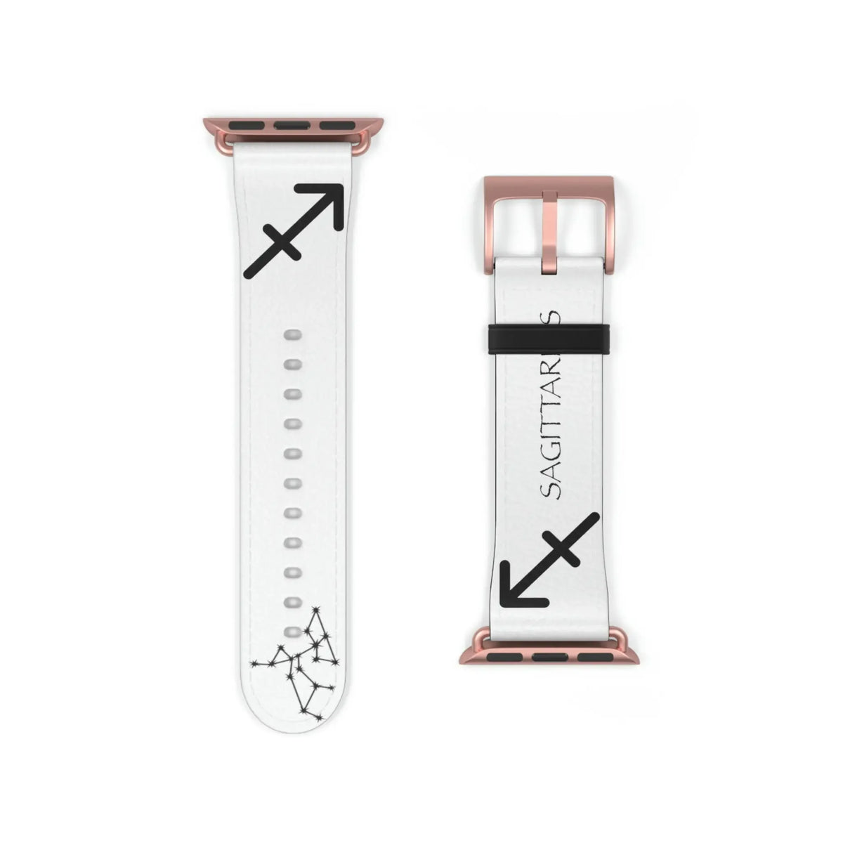 White Apple Watch band with Sagittarius zodiac symbol and constellation design, rose gold hardware