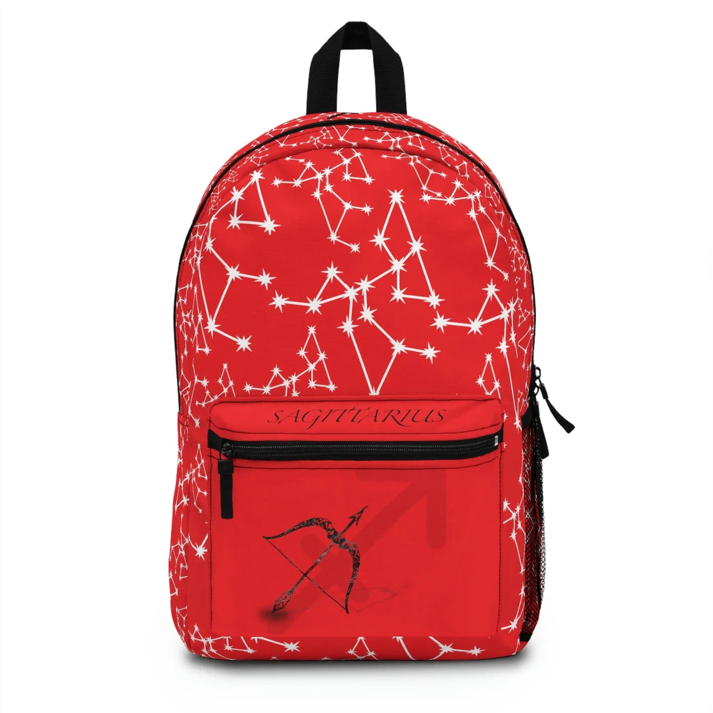 Red Sagittarius Zodiac Backpack - Front view showing the constellation print and front pocket emblem.