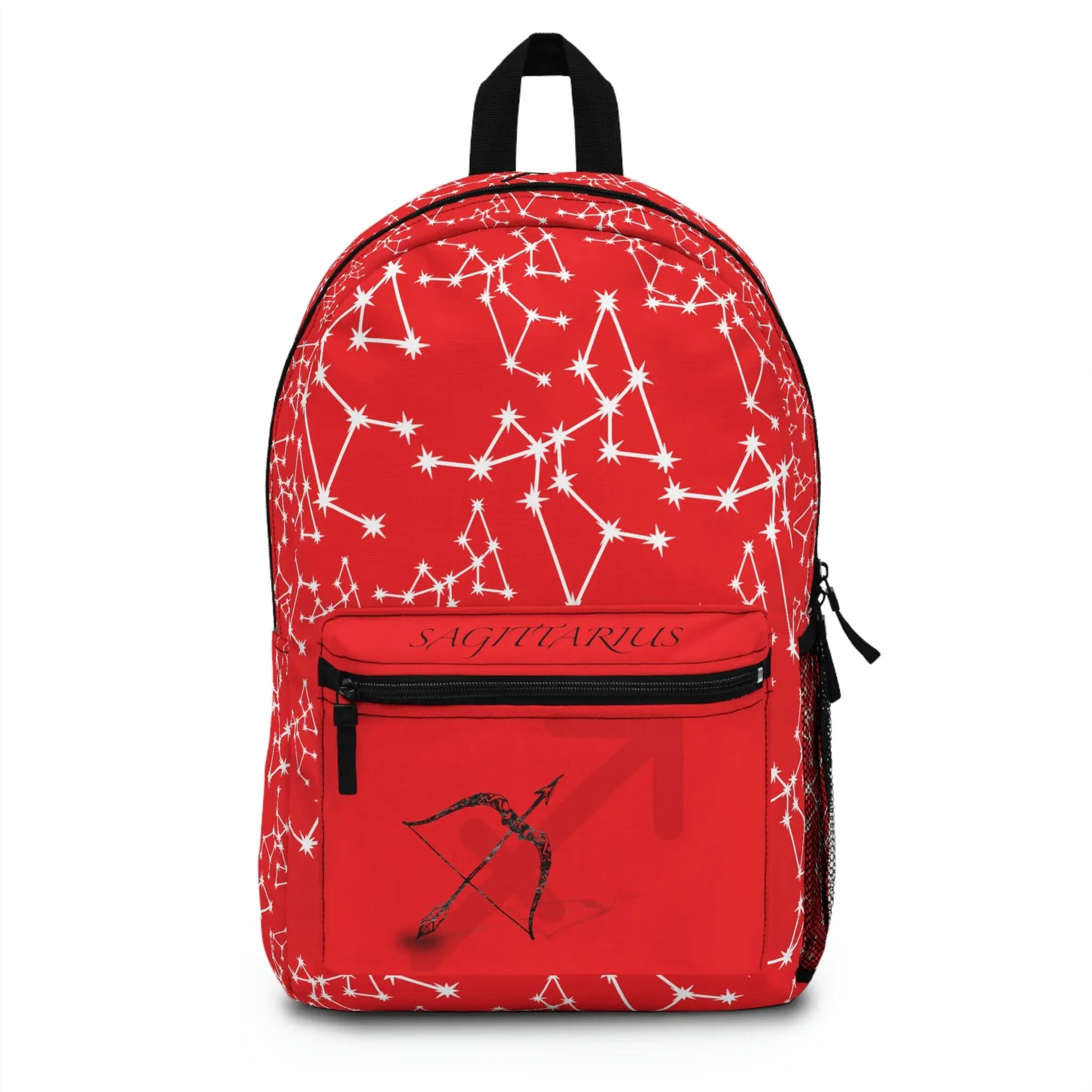 Red Sagittarius Zodiac Backpack - Front view showing the constellation print and front pocket emblem.