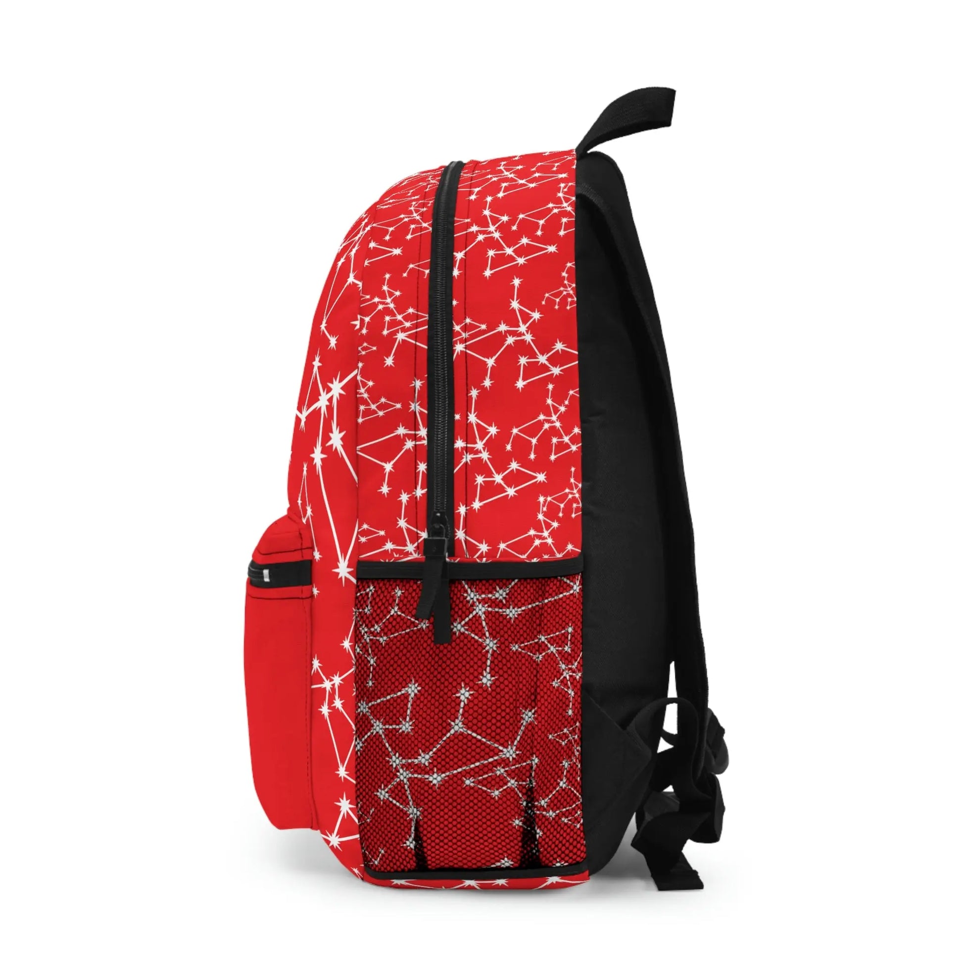Red Sagittarius Zodiac Backpack - Left side profile showing the full constellation pattern.