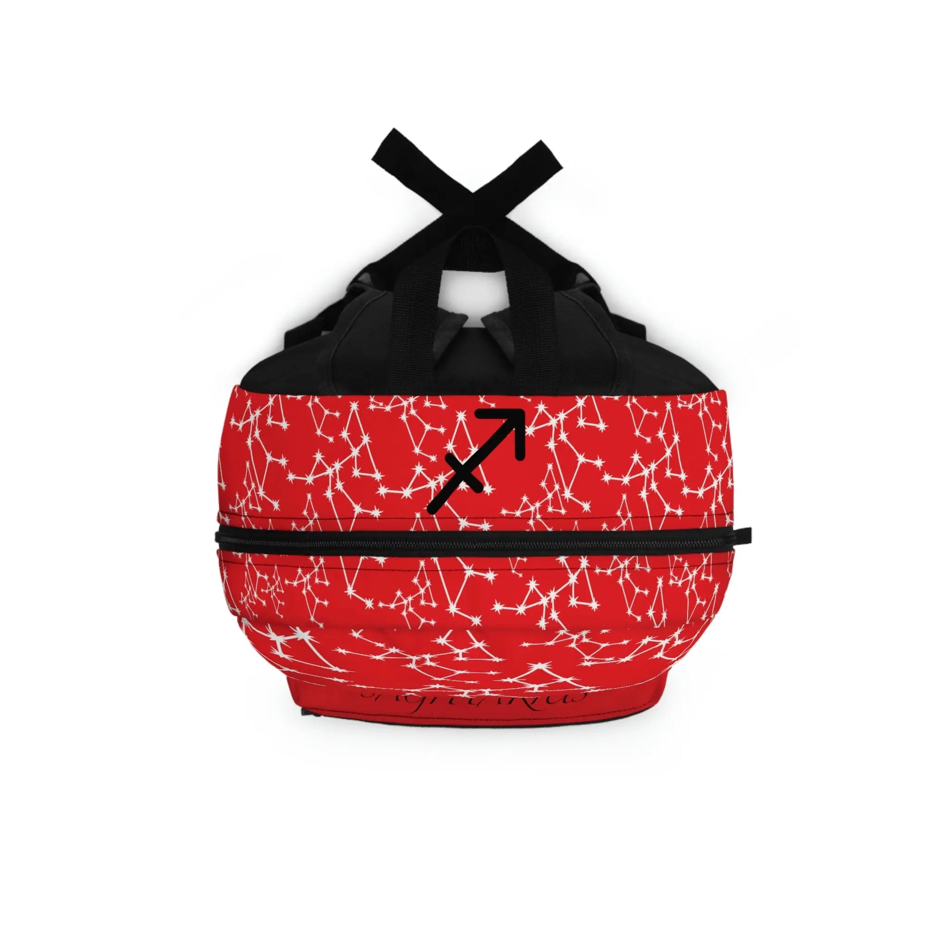 Top-down view of the red Sagittarius Zodiac Backpack, showing the main zipper opening and shoulder straps.