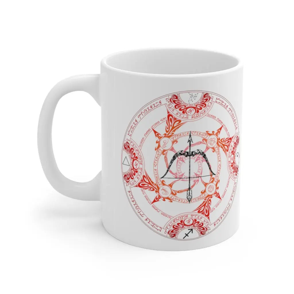 Sagittarius Zodiac Mug - Right side with intricate red elemental sigil and Archer, clean white background.