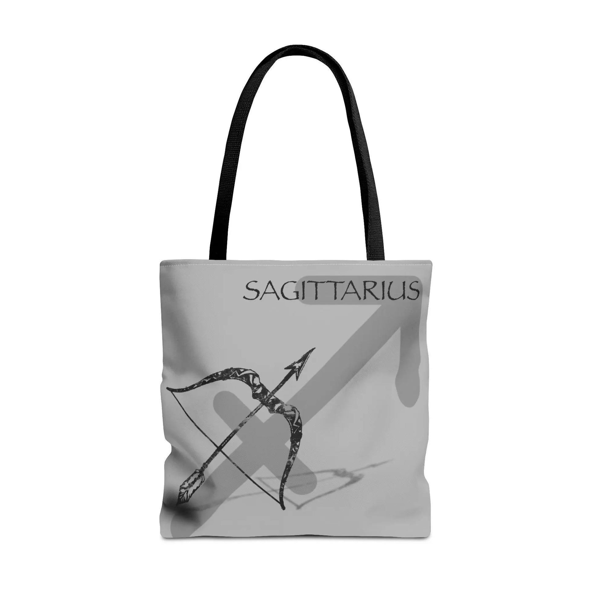 Sagittarius Zodiac Tote Bag - Front view showing the archer emblem on a gray canvas.