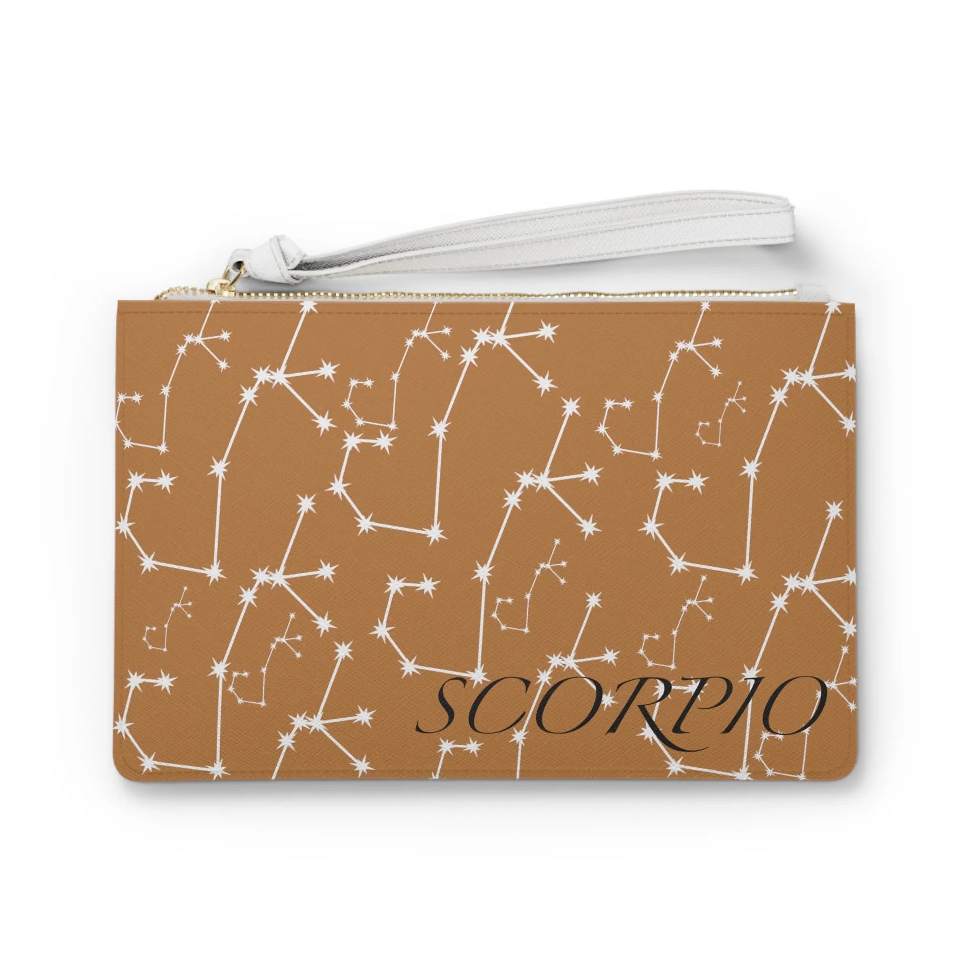 Scorpio Zodiac Clutch - Front view of brown vegan leather purse with white constellation print.