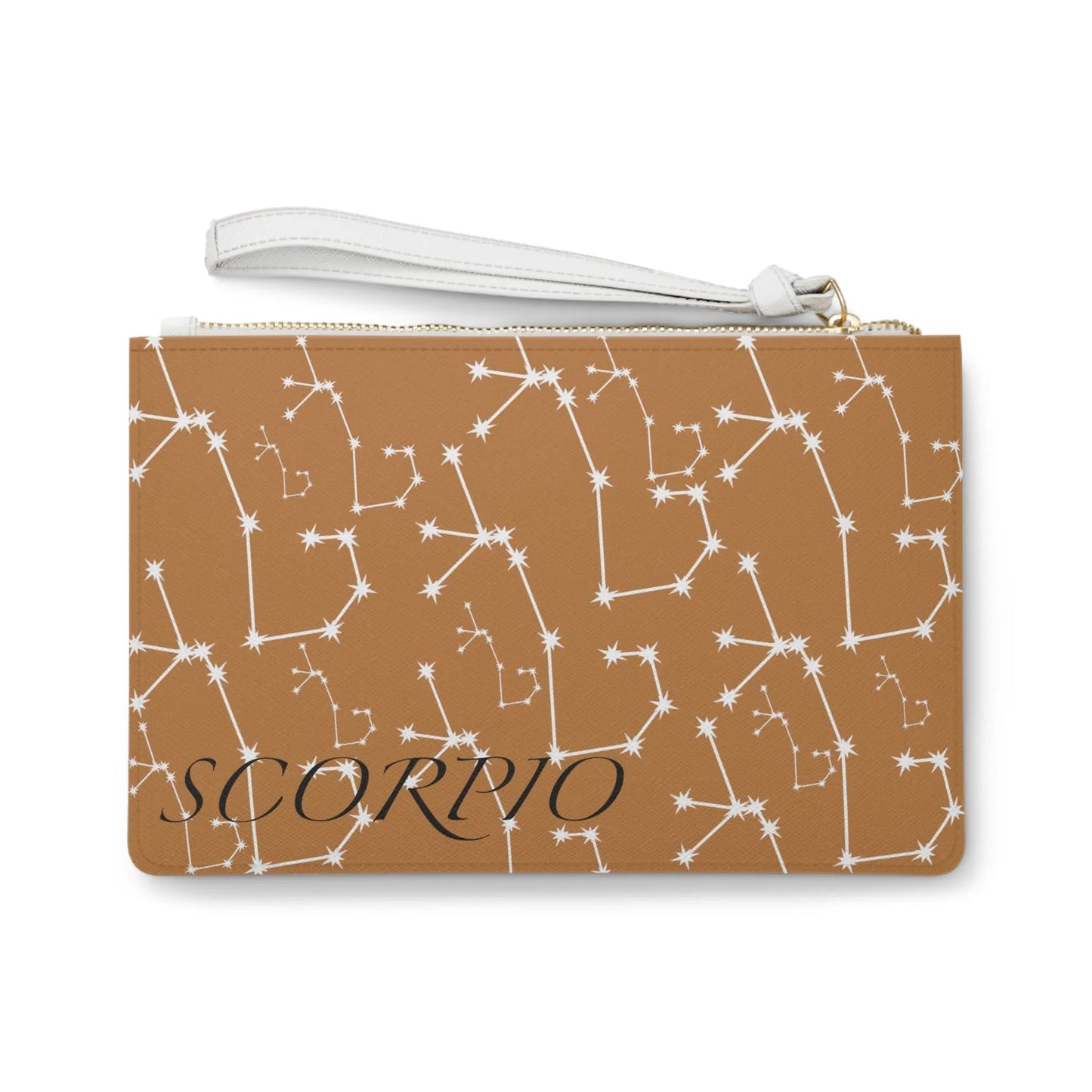Scorpio Zodiac Clutch - Back view of brown vegan leather purse with white constellation print.