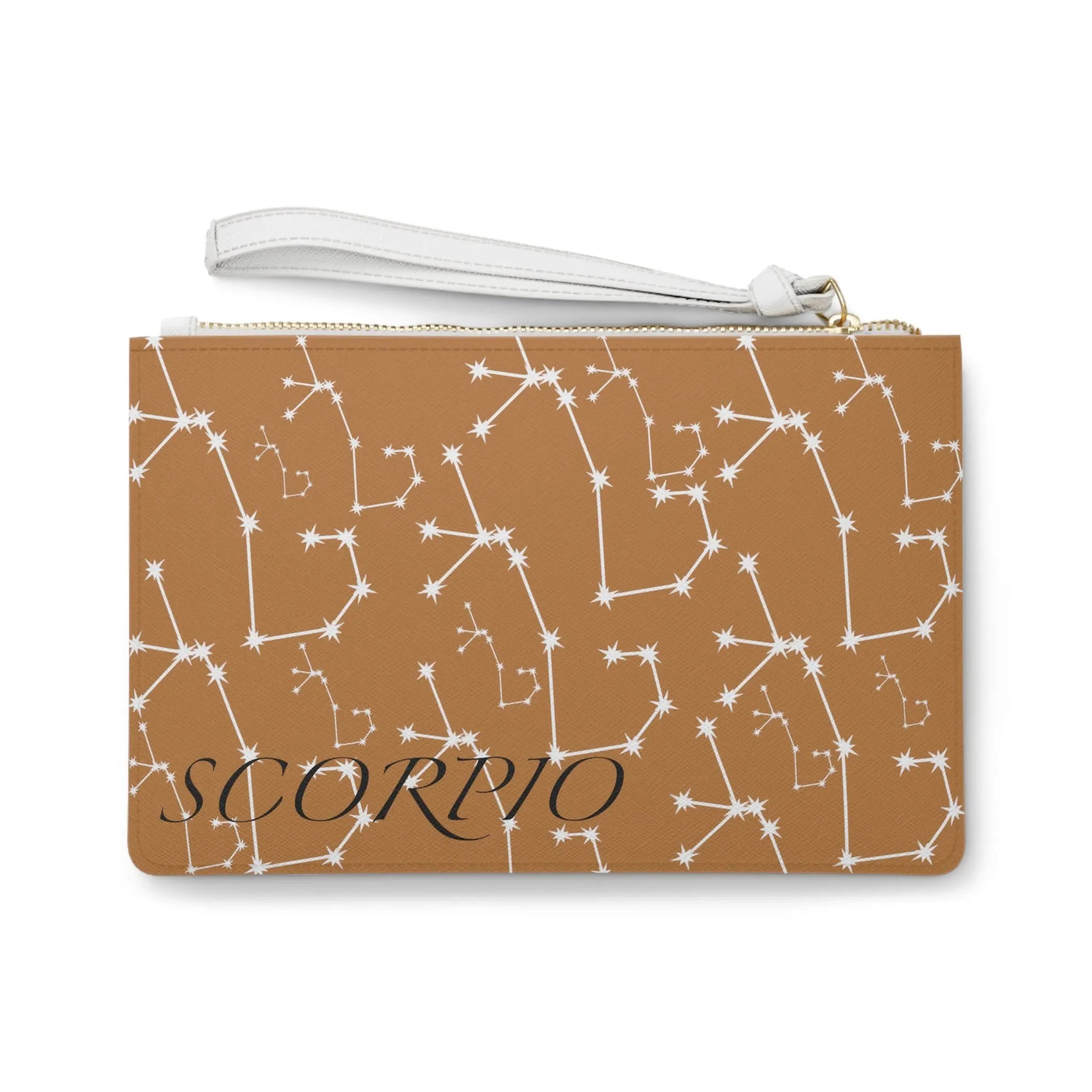 Scorpio Zodiac Clutch - Back view of brown vegan leather purse with white constellation print.