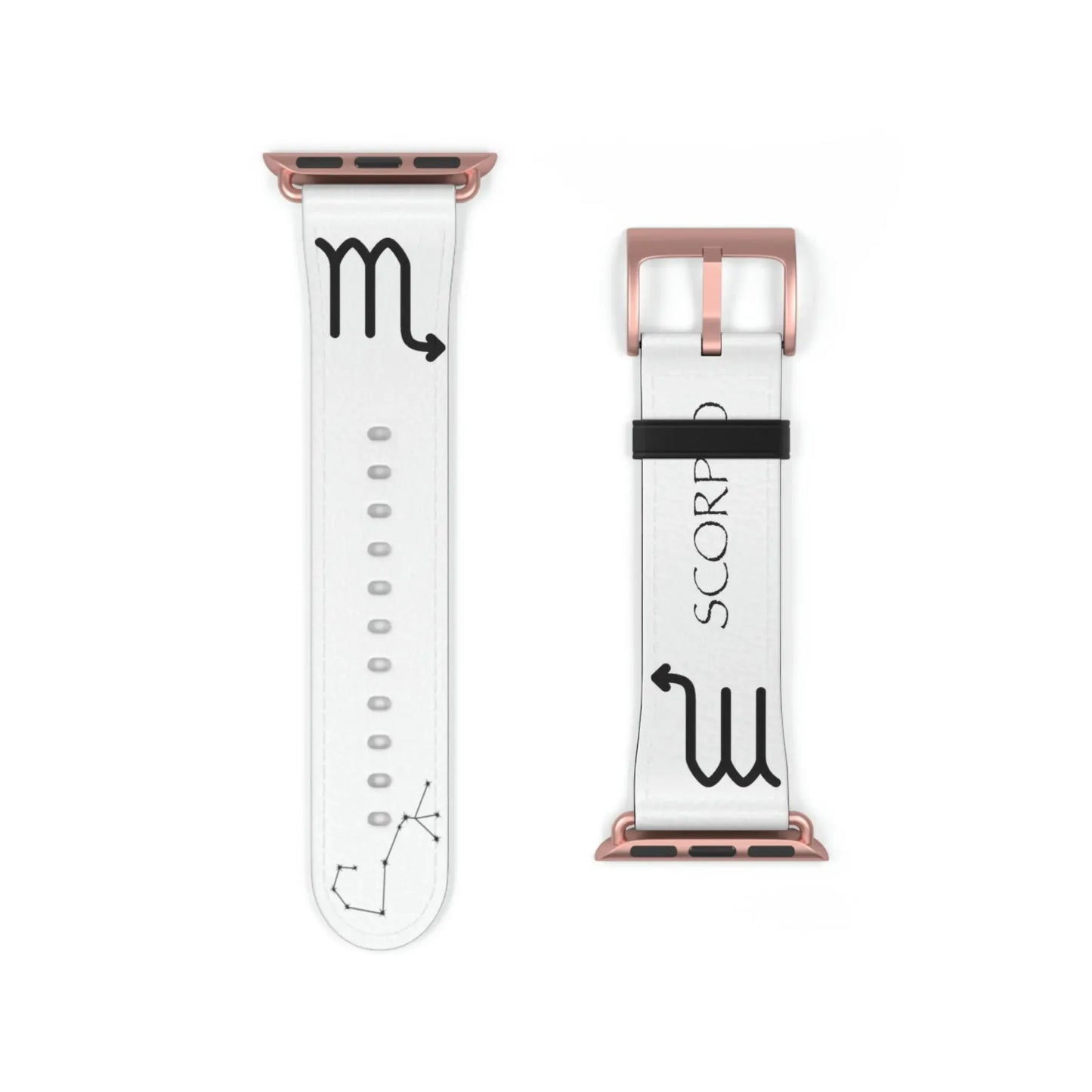 White Scorpio zodiac watch band with rose gold buckle, featuring astrological symbol and constellation design