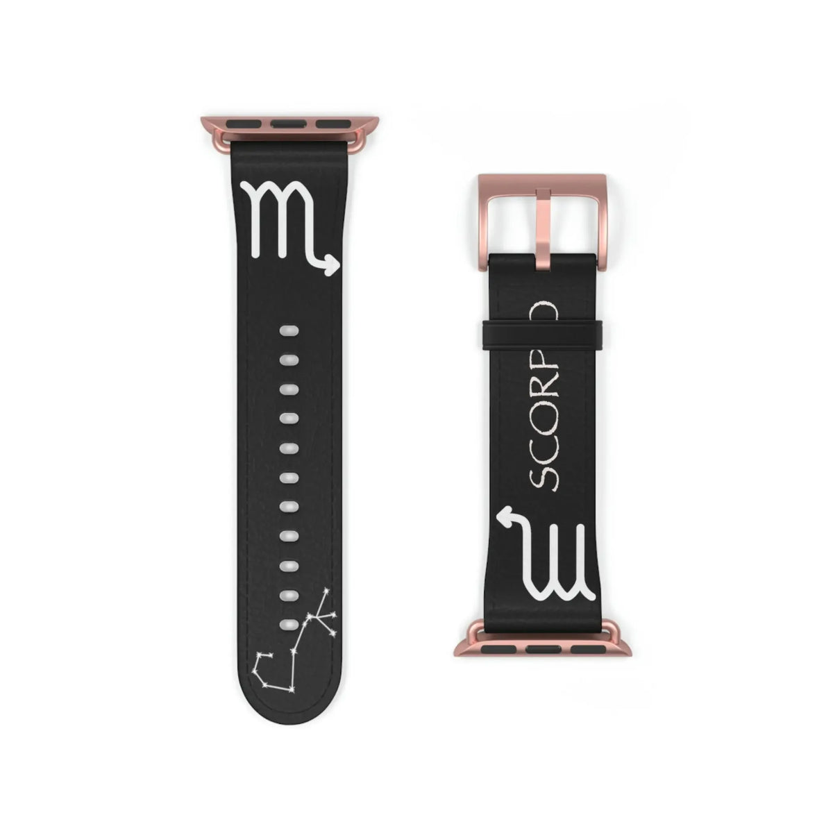 Black Scorpio zodiac watch band with white constellation and symbol, rose gold buckle