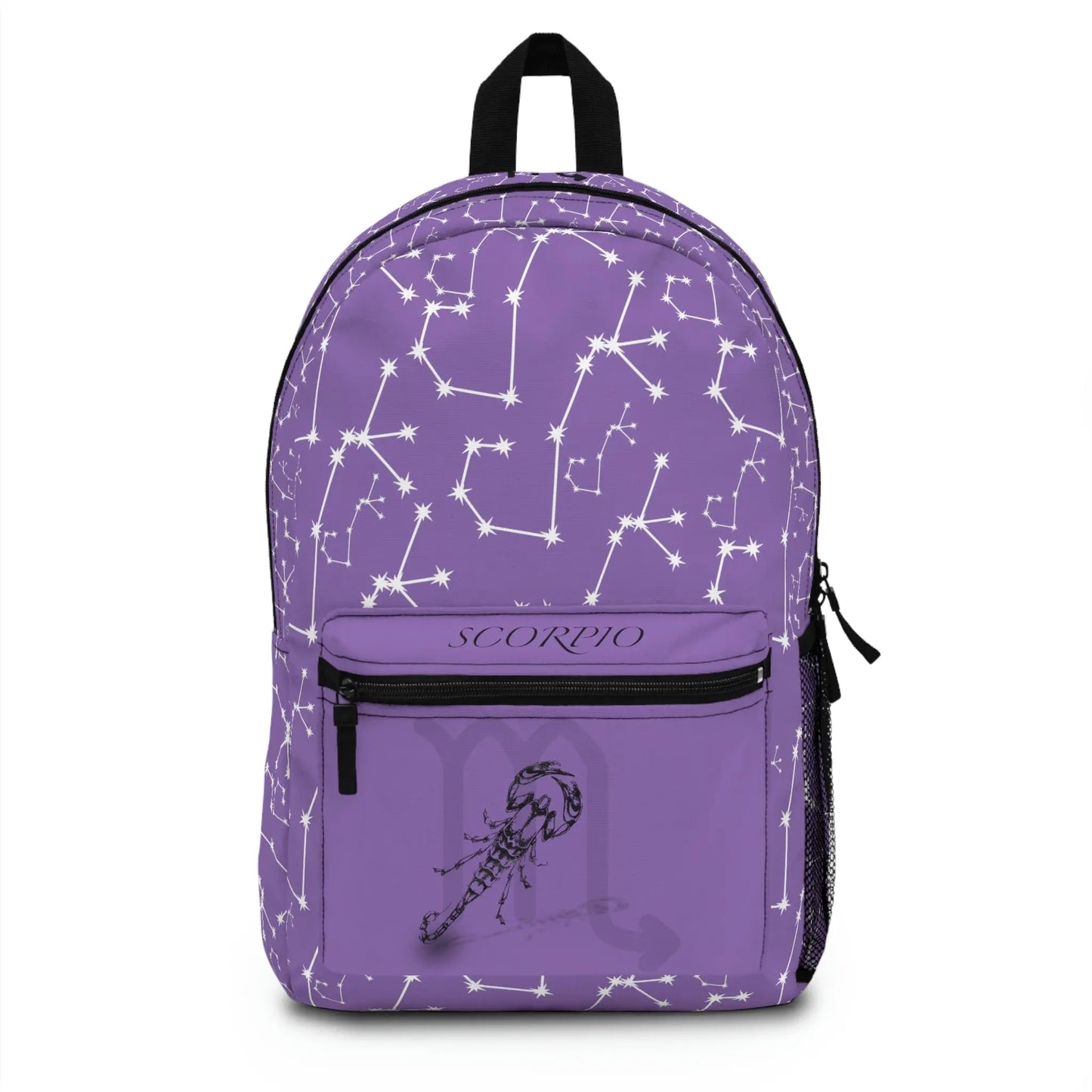 Purple Scorpio Zodiac Backpack - Front view showing the constellation print and front pocket emblem.