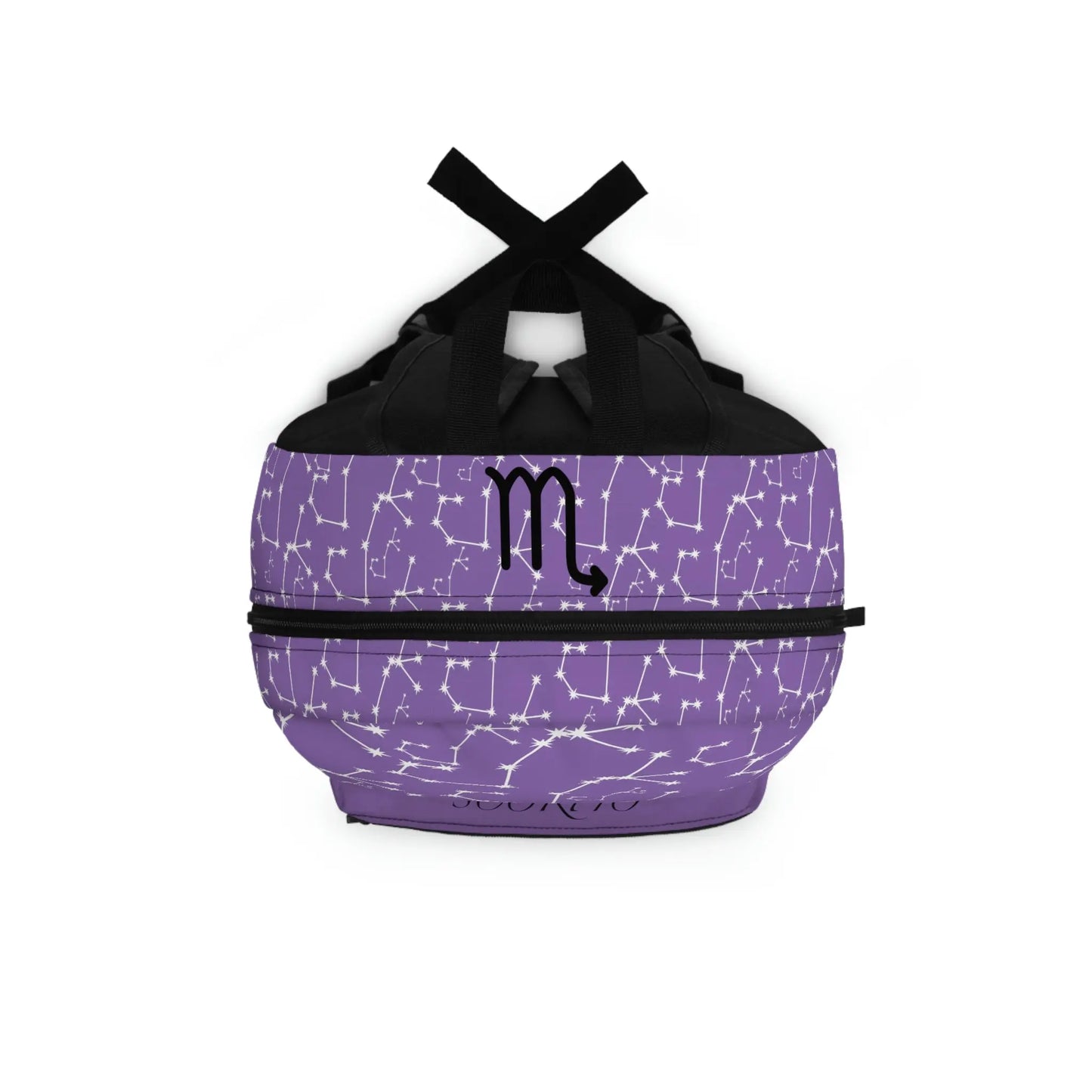 Top-down view of the purple Scorpio Zodiac Backpack, showing the main zipper opening and shoulder straps.