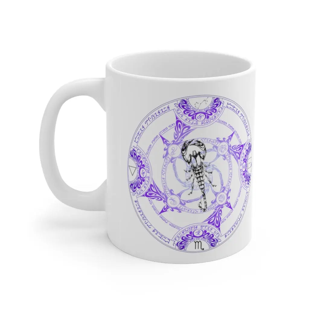 Scorpio Zodiac Mug - Right side with intricate maroon elemental sigil and Scorpion, clean white background.