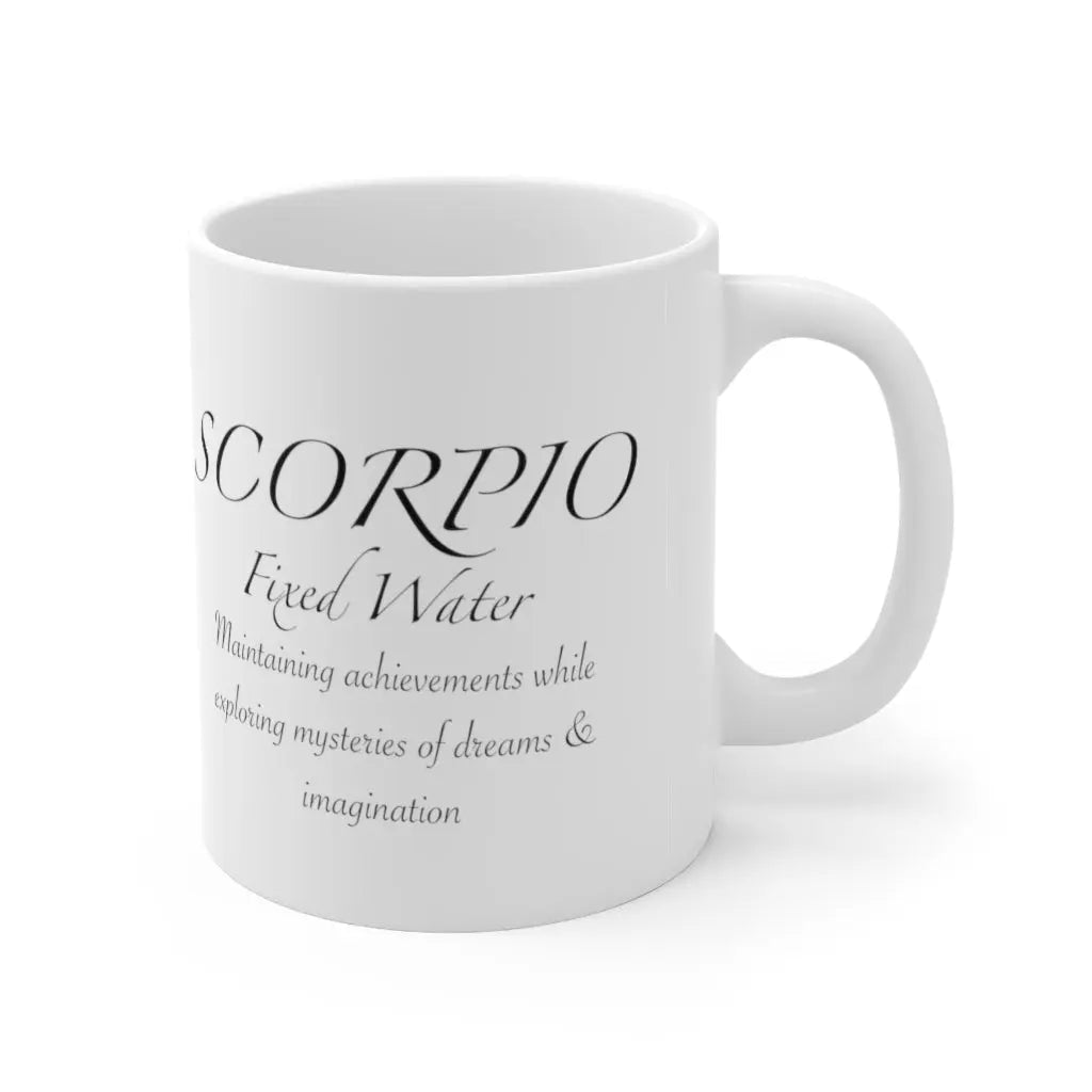 Scorpio Zodiac Mug - Left side with "Fixed Water" quote, clean white background.