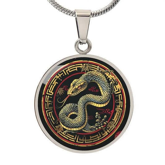 Silver Chinese Zodiac 'Year of the Snake' Pendant Necklace on a white background.
