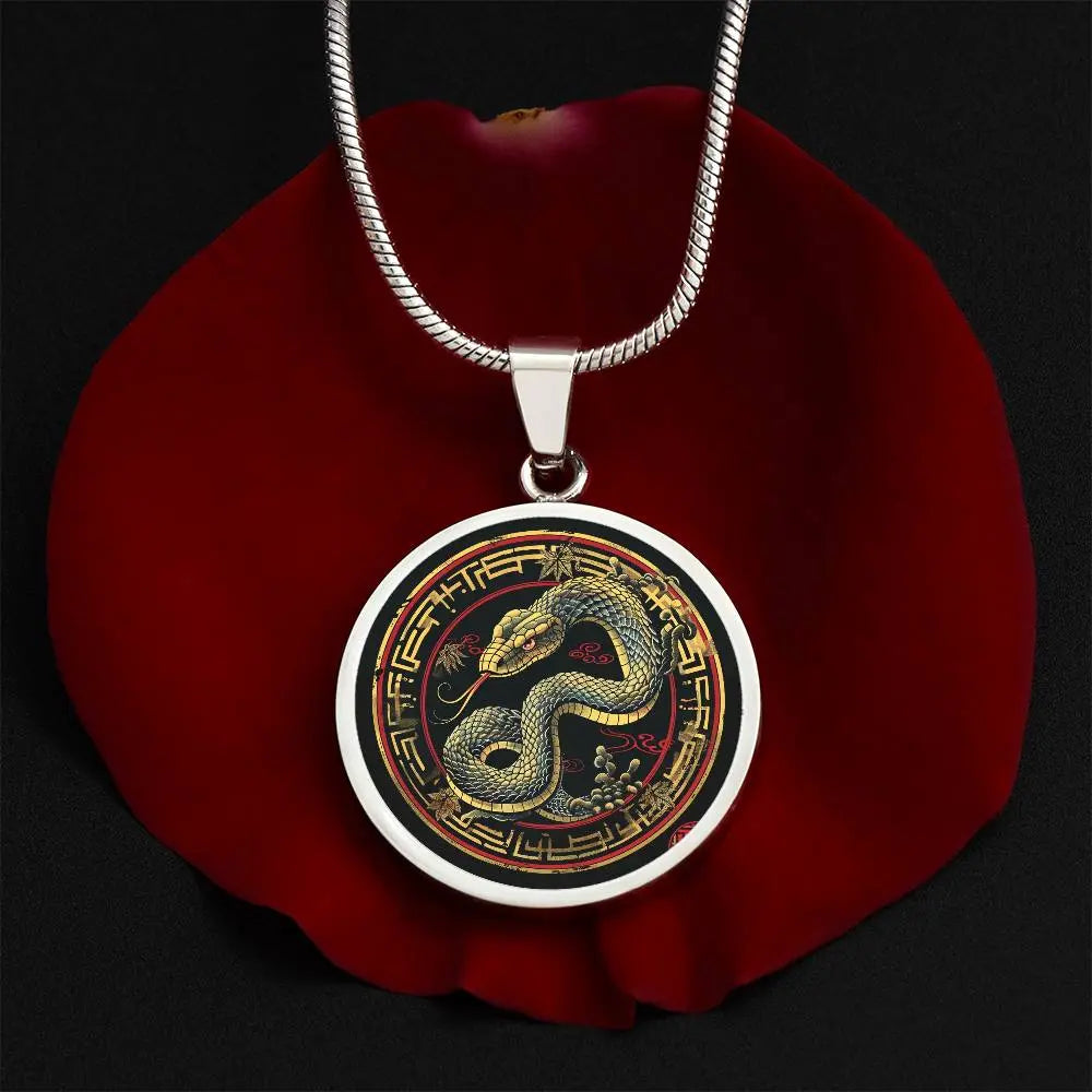 Silver 'Year of the Snake' Necklace shown in a lifestyle setting.