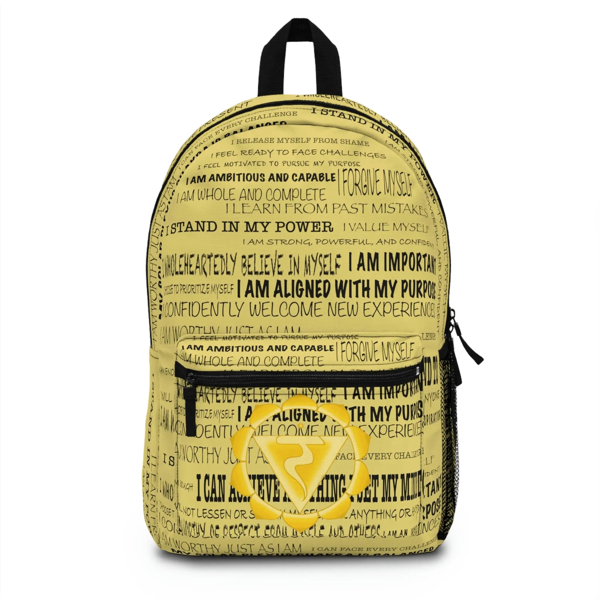 Yellow Solar Plexus Affirmations Backpack - Front view showing affirmation print and chakra emblem.