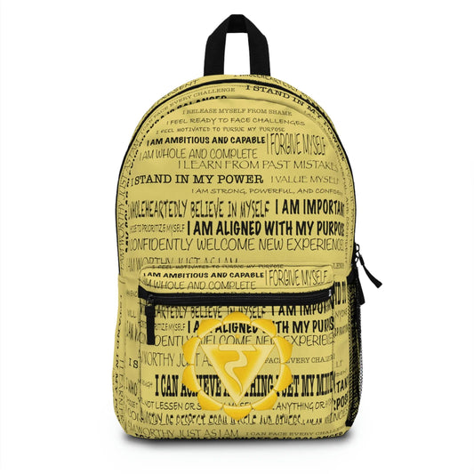 Yellow Solar Plexus Affirmations Backpack - Front view showing affirmation print and chakra emblem.