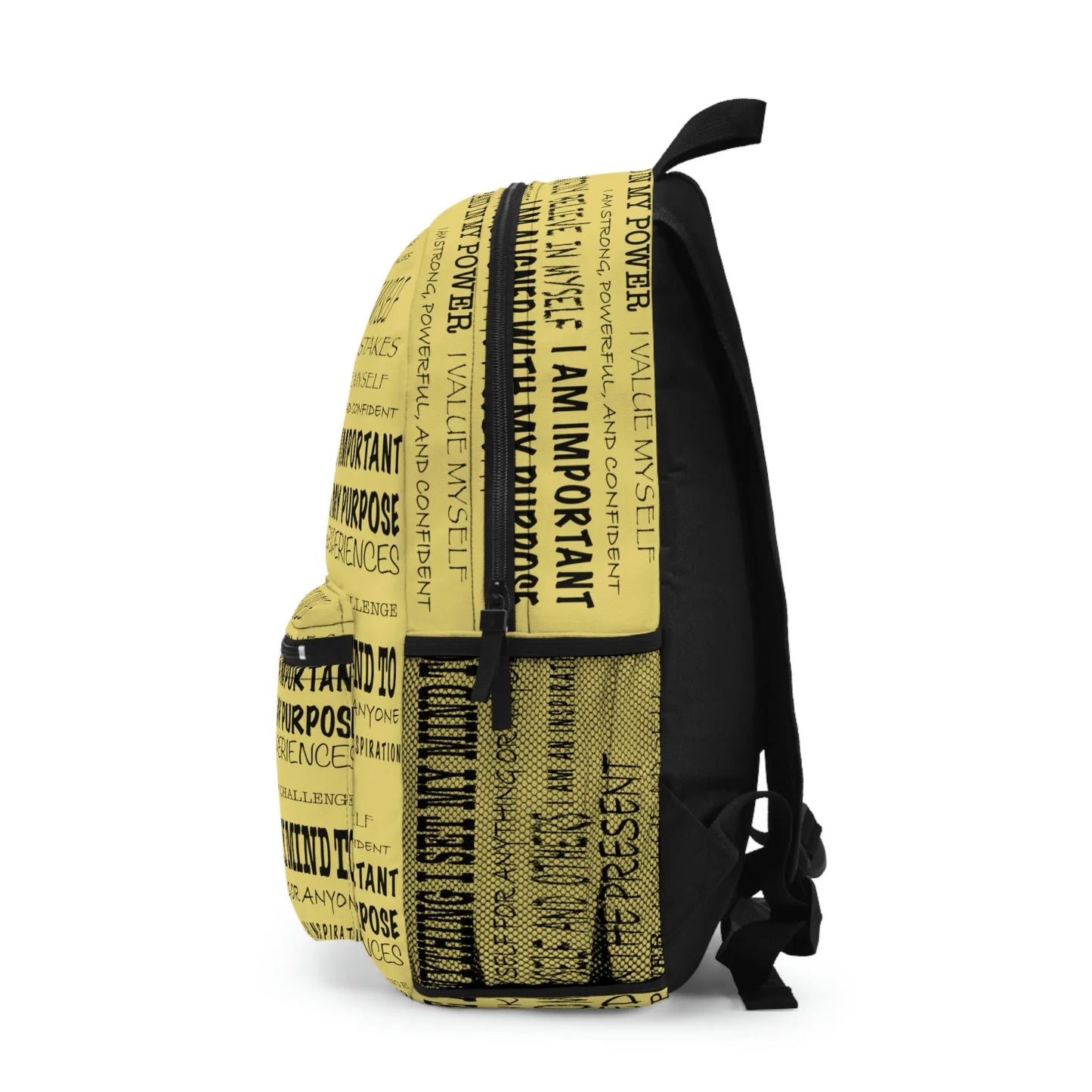 Yellow Solar Plexus Affirmations Backpack - Left side profile showing the side mesh pocket.