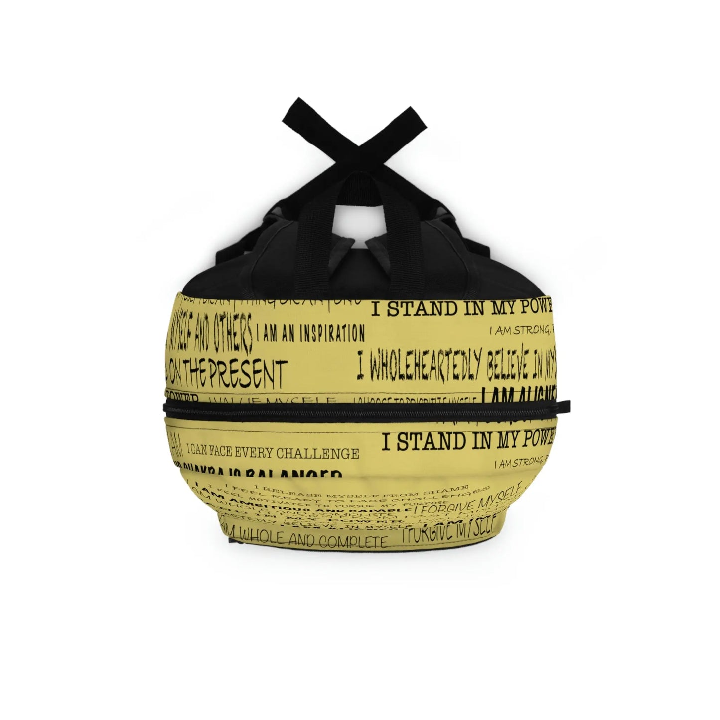 Top-down view of the yellow Solar Plexus Affirmations Backpack, showing the main zipper opening.