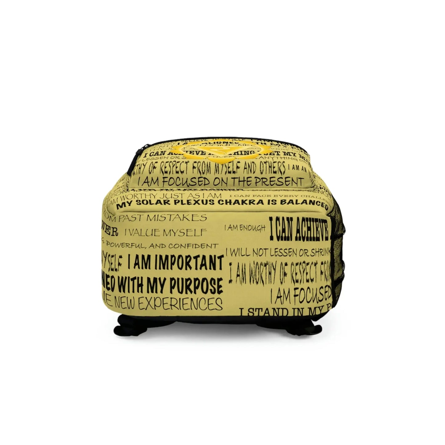 Yellow affirmations backpack with chakra quotes, solar plexus chakra design, motivational phrases for energy balance