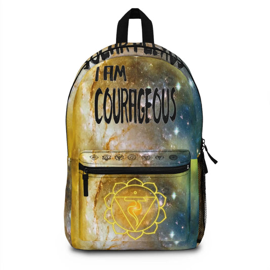 Yellow Solar Plexus Cosmic Backpack - Front view showing the galaxy print and chakra emblem on the pocket.