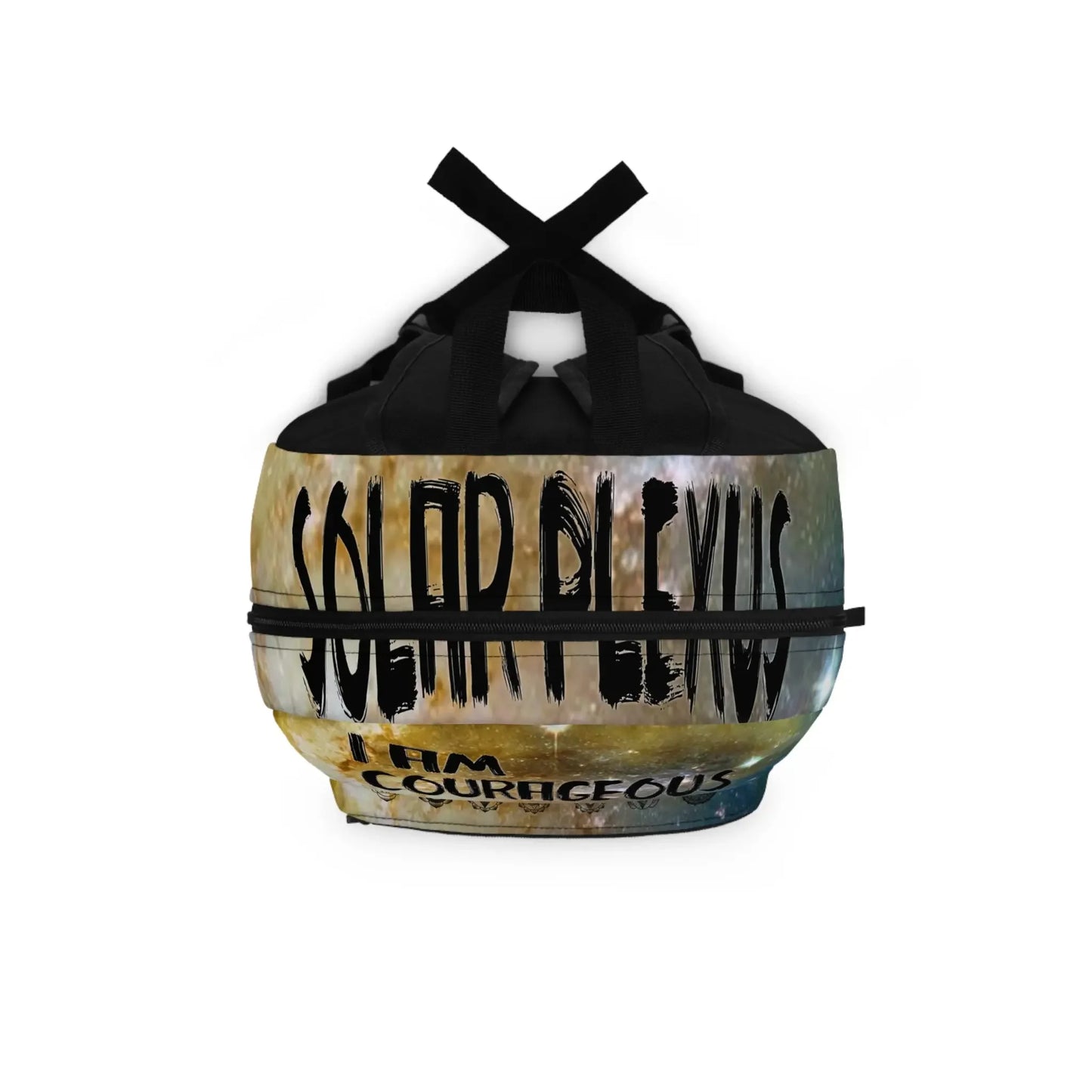 Solar Plexus chakra bag with 'I Am Courageous' affirmation, cosmic print, black straps