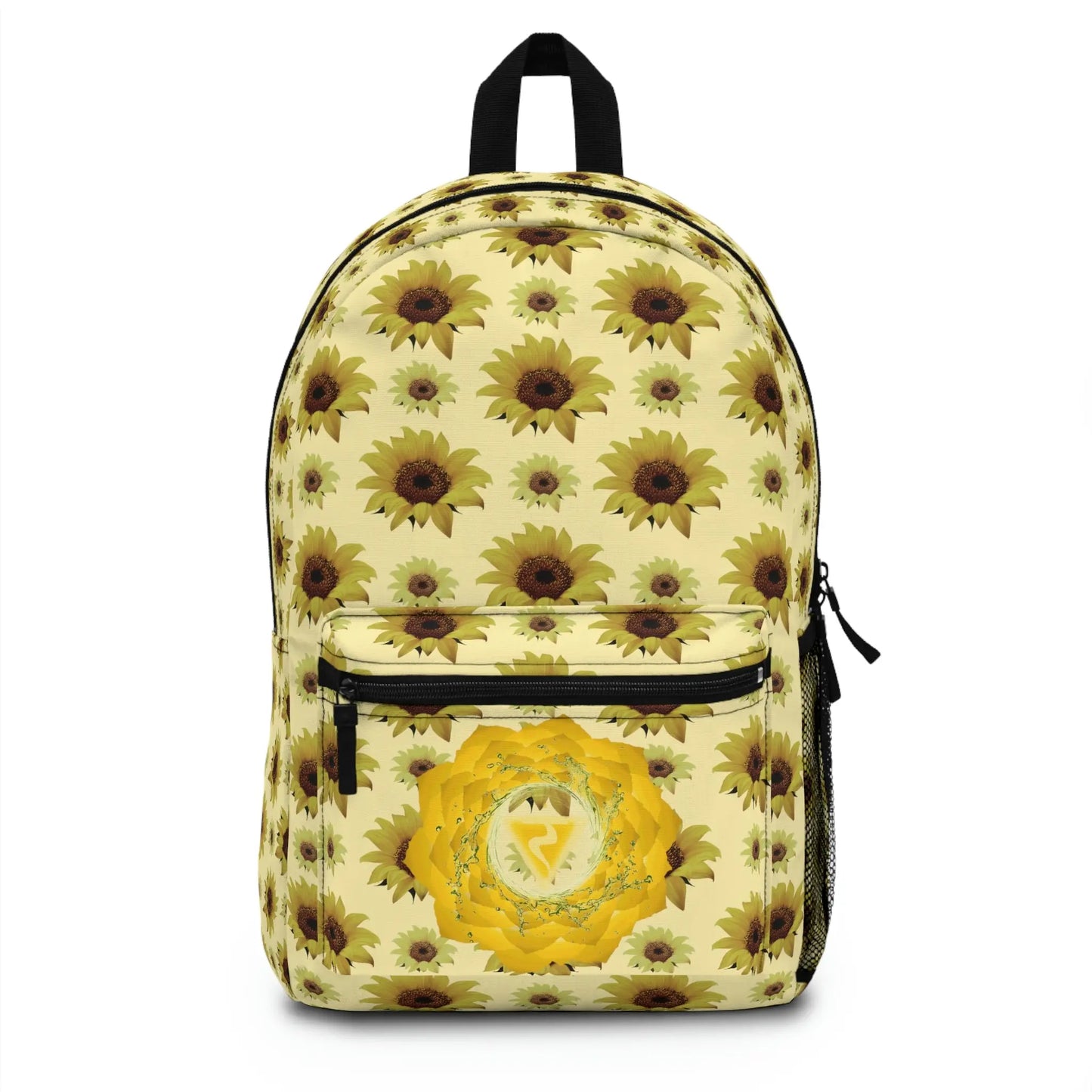 Yellow Solar Plexus Backpack - Front view with an all-over sunflower print and floral chakra emblem on the pocket.