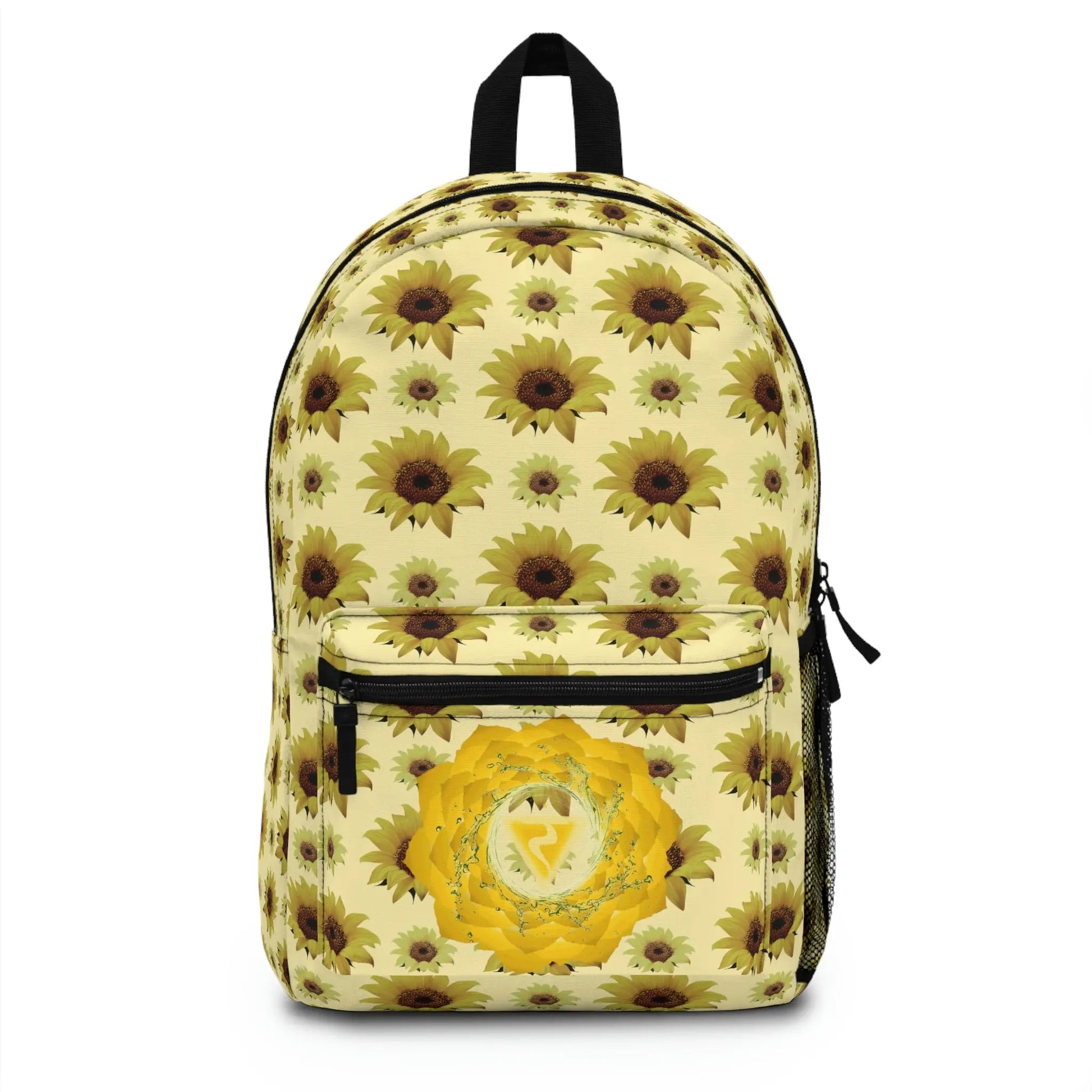 Yellow Solar Plexus Backpack - Front view with an all-over sunflower print and floral chakra emblem on the pocket.