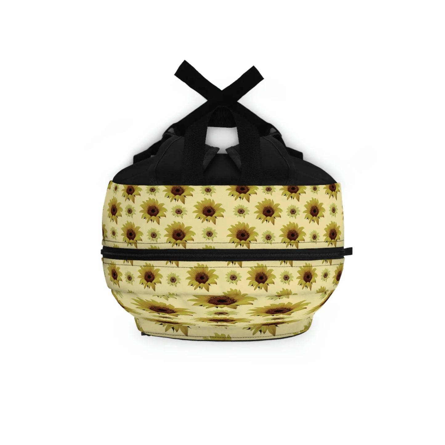 Top-down view of the yellow Solar Plexus Backpack, showing the main zipper opening and sunflower print.