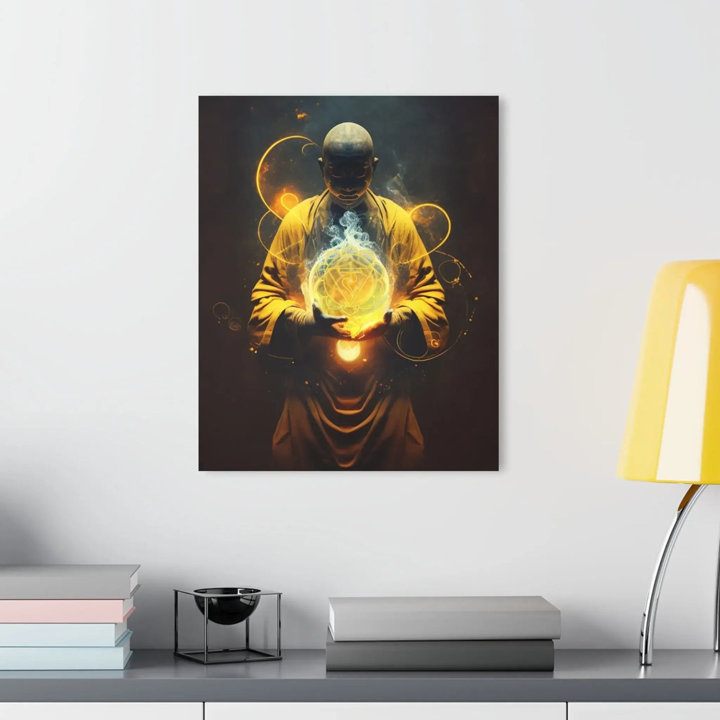 Monk holding glowing chakra symbol, spiritual wall art for meditation and energy healing spaces