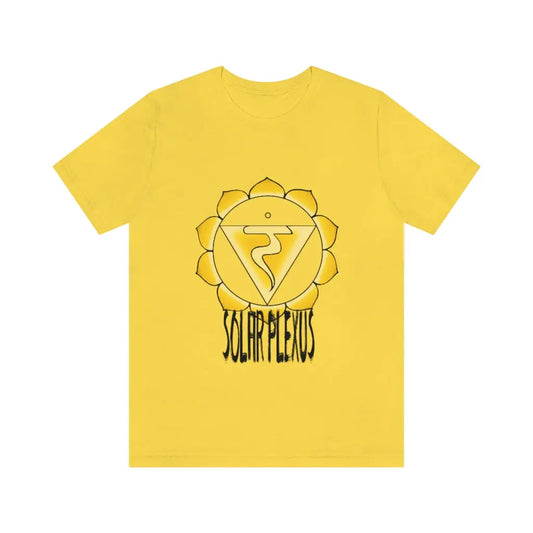 Solar Plexus T-Shirt in yellow on a flat background, showcasing the vibrant Manipura symbol.
