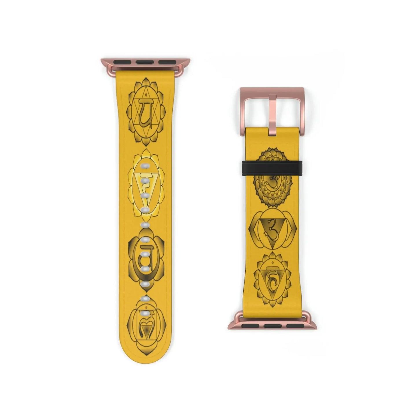 Yellow watch band with chakra symbols, rose gold buckle, spiritual energy design for Apple Watch