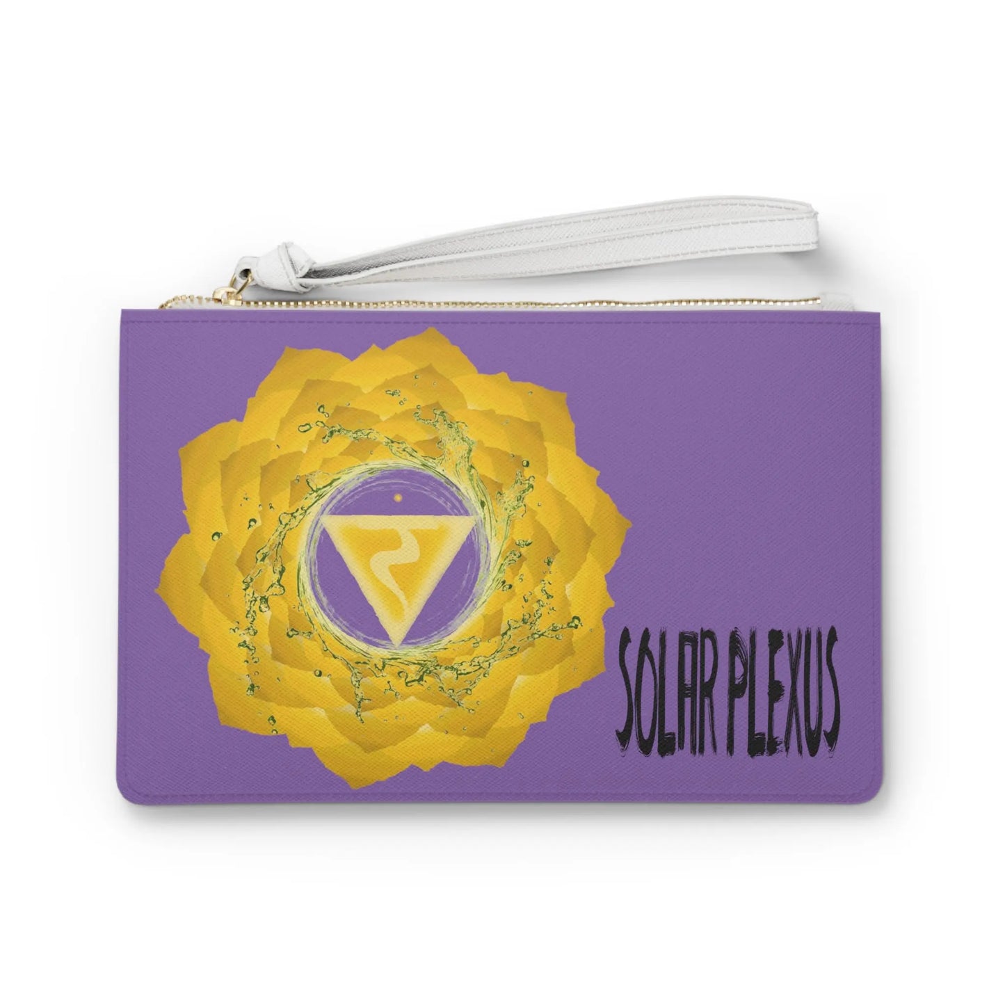 Solar Plexus Chakra Clutch - Front view of purple vegan leather purse with yellow Solar Plexus Chakra symbol print.