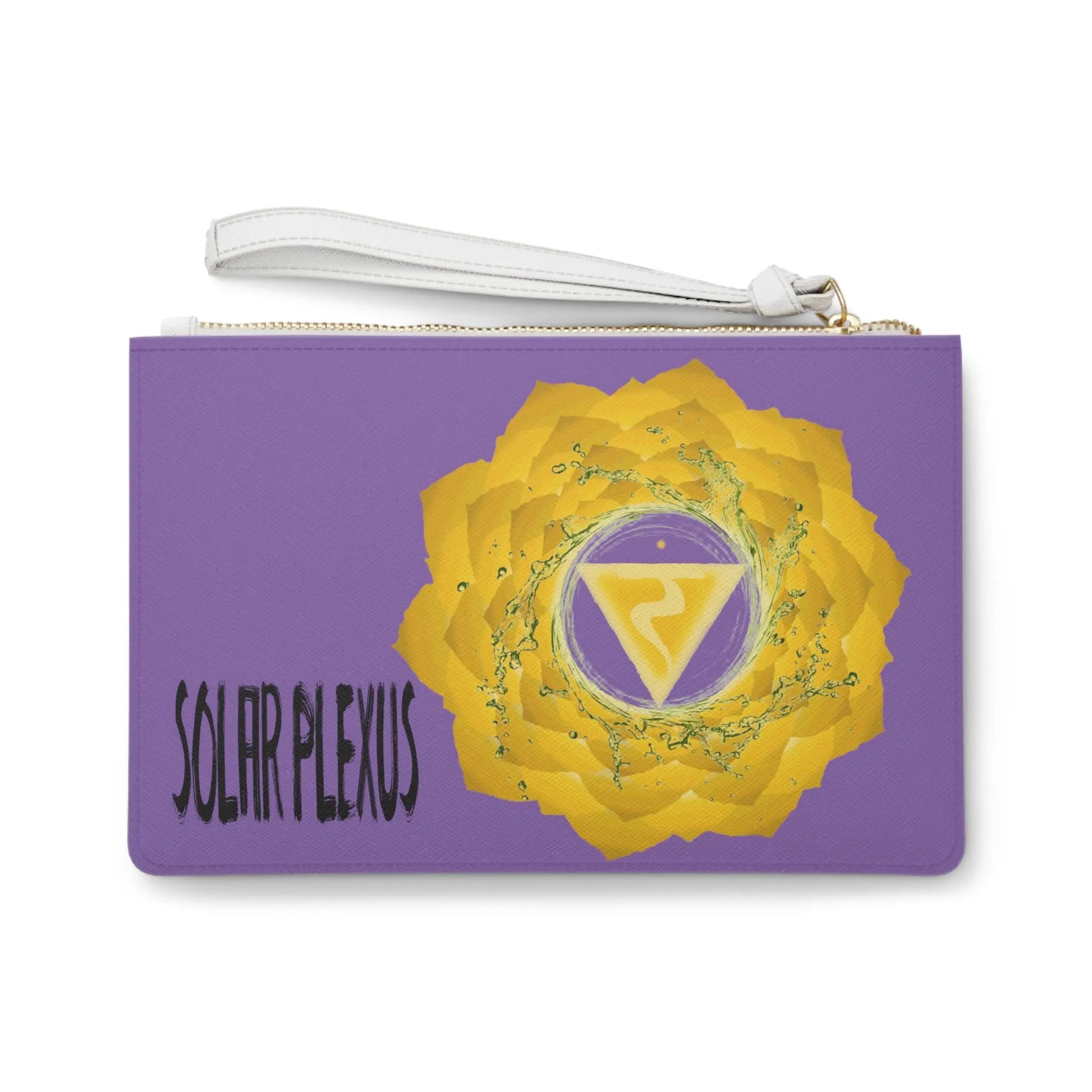 Solar Plexus Chakra Clutch - Back view of purple vegan leather purse with yellow Solar Plexus Chakra symbol print.