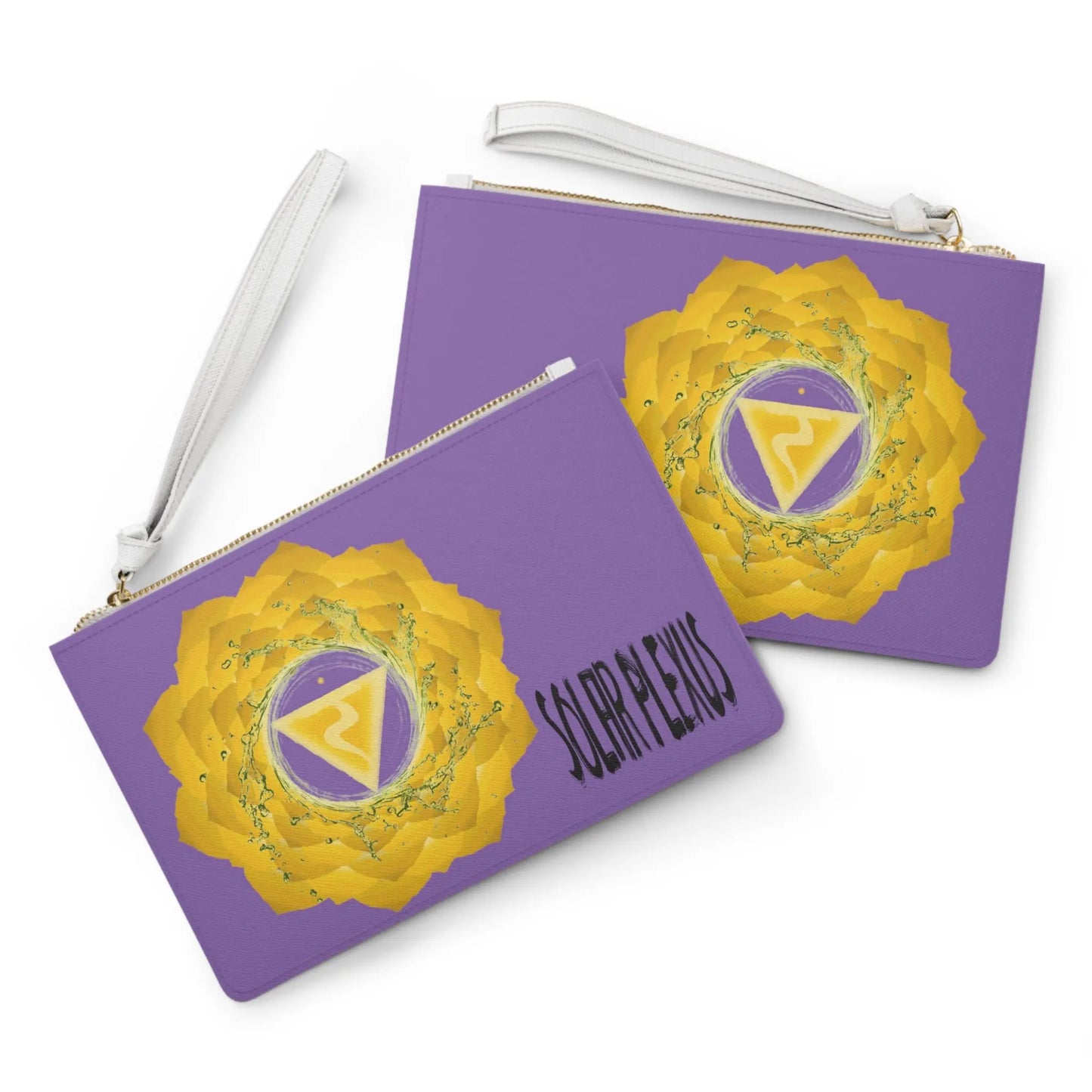 Solar Plexus Chakra Clutch - Front and back comparison on a white background.
