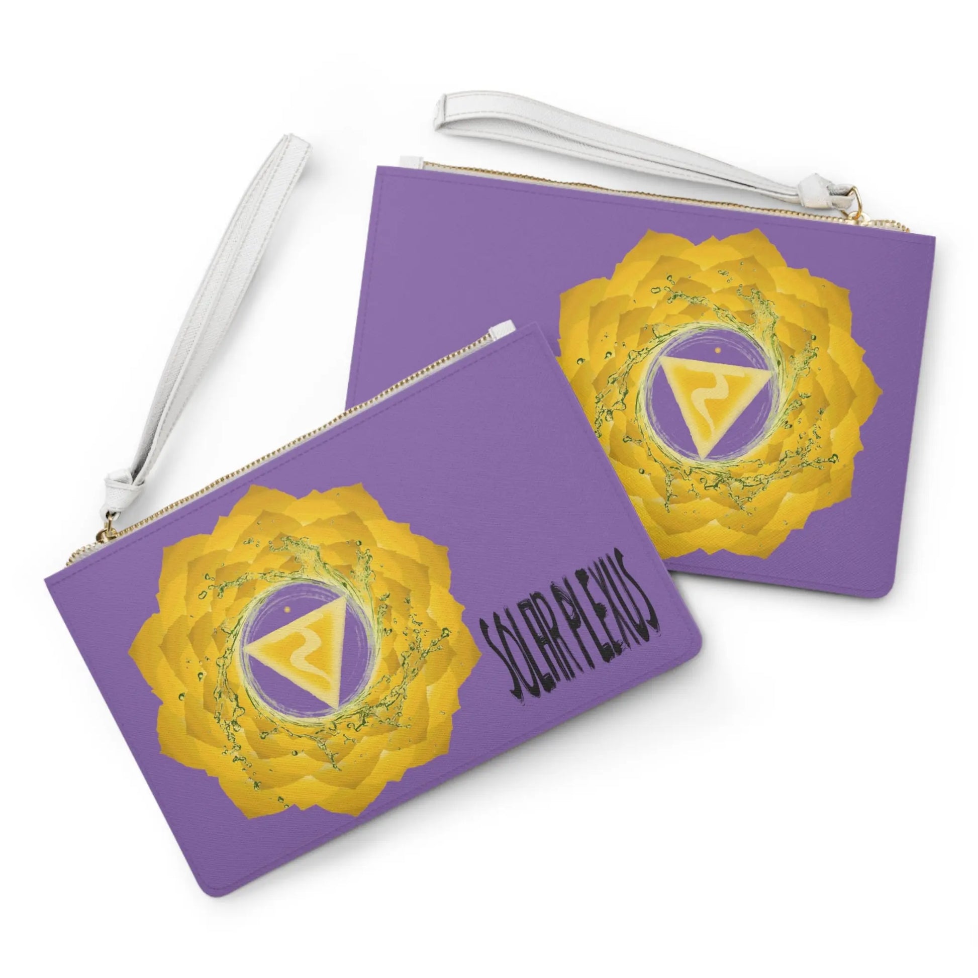 Solar Plexus Chakra Clutch - Front and back comparison on a white background.