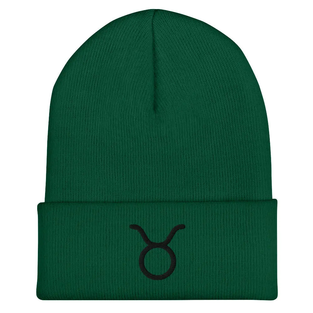Green Taurus Zodiac Beanie - Front view of embroidered knit hat.