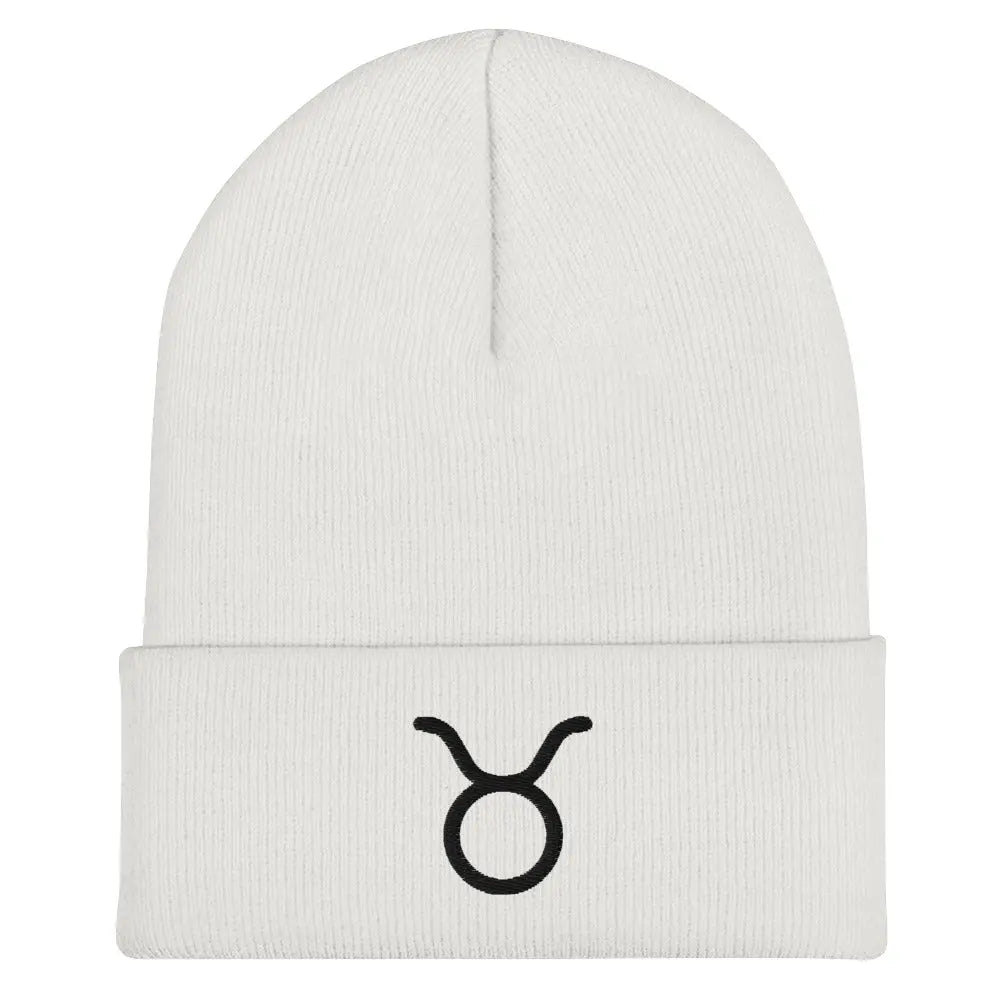 White Taurus Zodiac Beanie - Front view of embroidered knit hat.