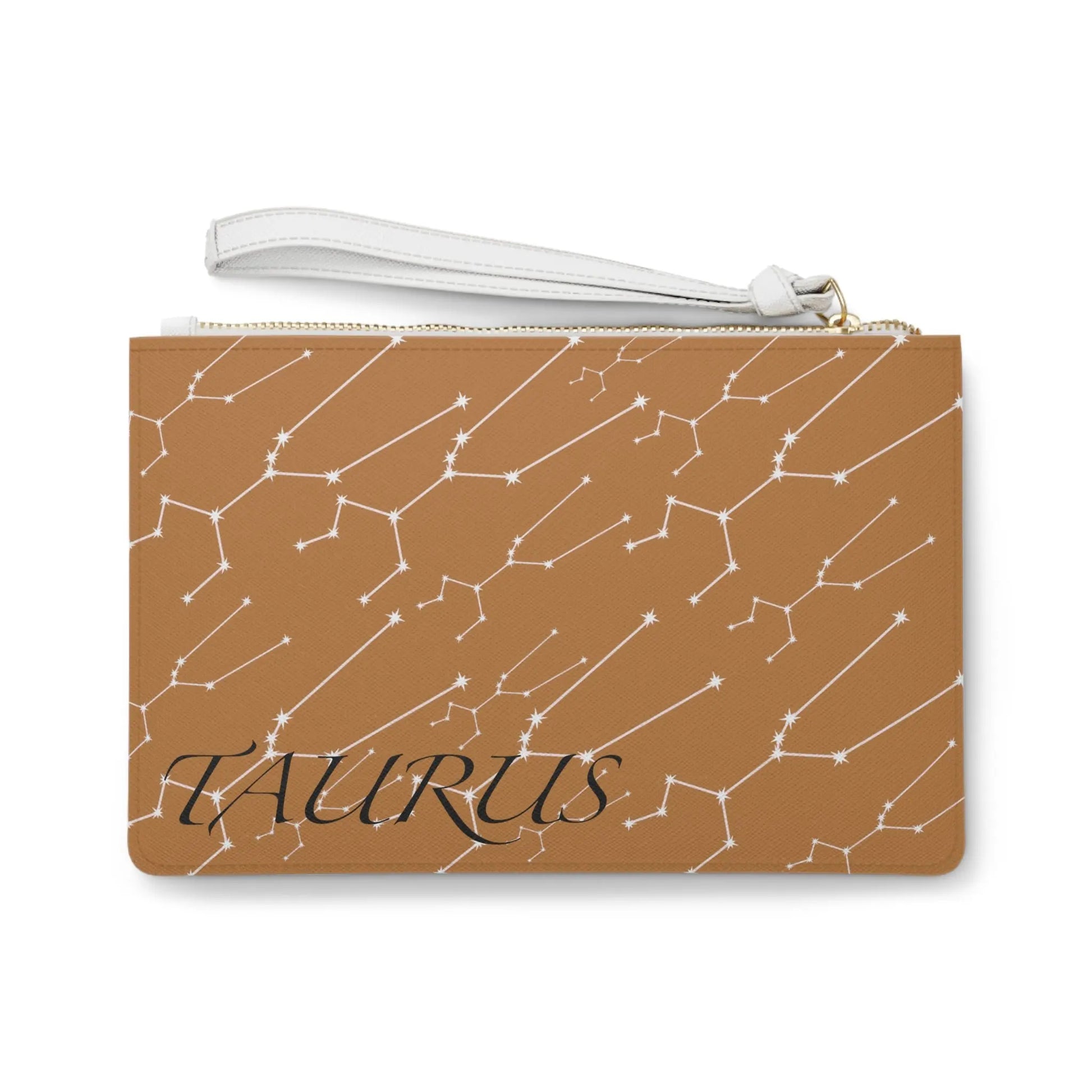 Taurus Zodiac Clutch - Back view of brown vegan leather purse with white constellation print.